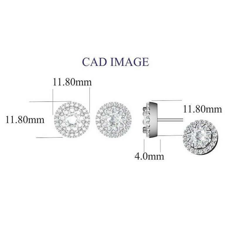 Expertly crafted in 18K solid white gold, this diamond frame floral design stud earring is cleverly filled with 60 round diamond set in prong setting, H-I color I1 clarity. Captivating with 2.00 carats diamonds and a bright polished shine, these
