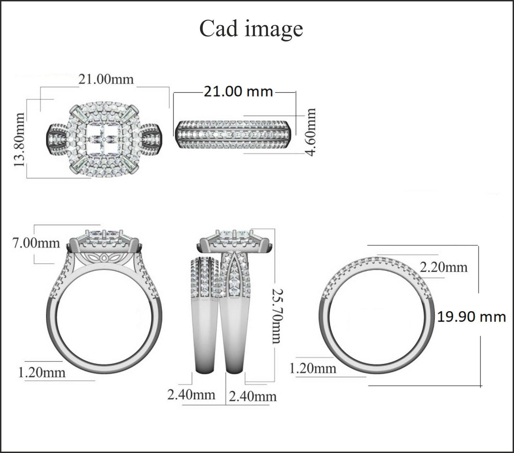 Truly exquisite diamond bridal set ring is sure to be admired for the inherent classic beauty and elegance within its design. The total weight of diamonds 2.00 carat, H-I color, I2 Clarity and studded with 131 round brilliant, 4 baguette and 4