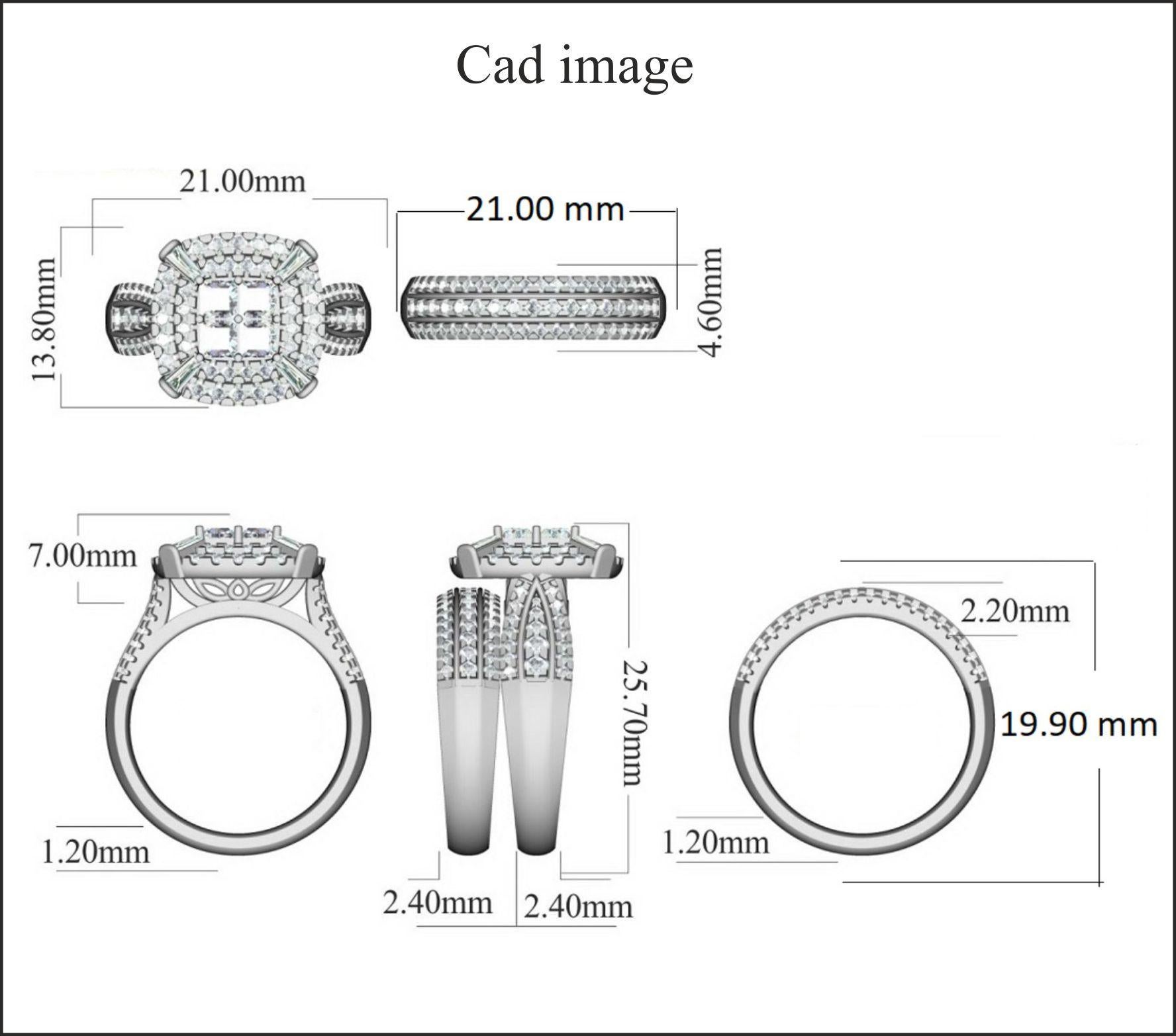 Truly exquisite diamond bridal set ring is sure to be admired for the inherent classic beauty and elegance within its design. The total weight of diamonds 2.0 carat, H-I color, I2 Clarity and studded with 131 round brilliant, 4 baguette and 4