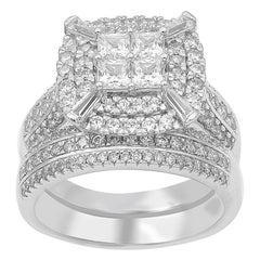 TJD Anillo apilable de oro blanco de 14 quilates con diamantes redondos y talla princesa de 2 quilates
