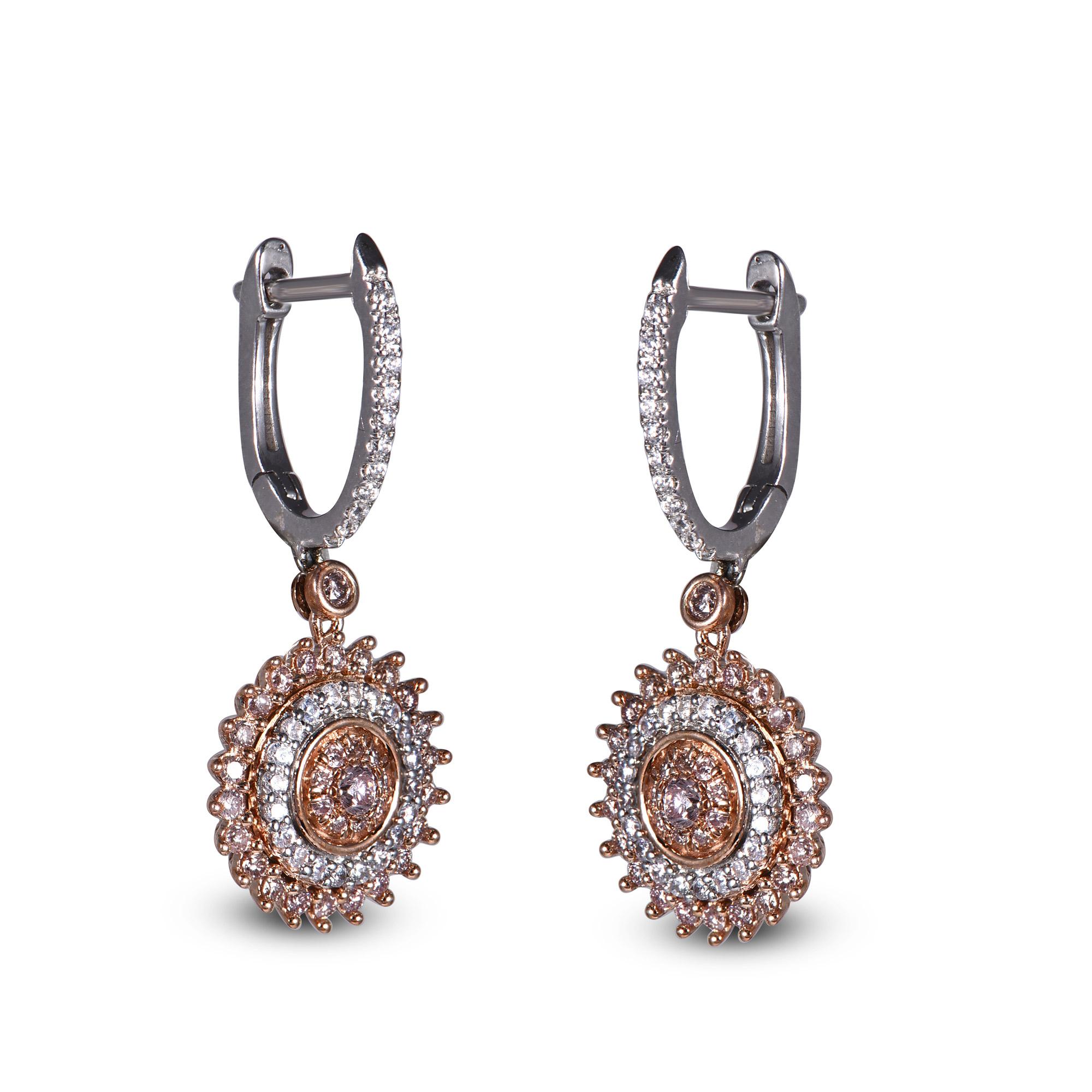 Taglio rotondo TJD 3/4 Carati Nat. Pink Diamond e diamanti bianchi in oro 18 carati a 2 toni - Orecchino Huggie in vendita