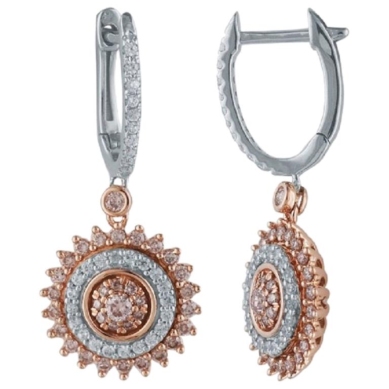 TJD 3/4 Carat Nat. Pink Rosé & White Diamond 18K 2 tone Gold Drop Huggie Earring