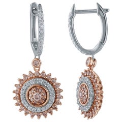 TJD 3/4 Carat Nat. Pink Rosé & White Diamond 18K 2 tone Gold Drop Huggie Earring