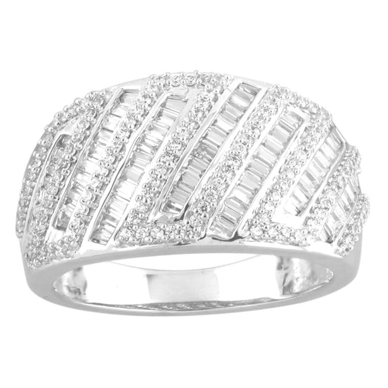 TJD 3/4 Carat Round & Baguette Diamond 14K White Gold Designer Wedding Band Ring For Sale