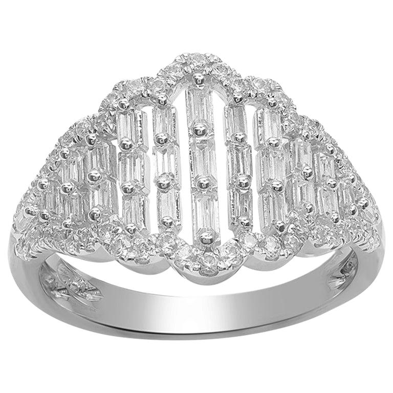 TJD 3/4 Carat Round & Baguette Diamond 14 Karat White Gold Fashion Designer Ring