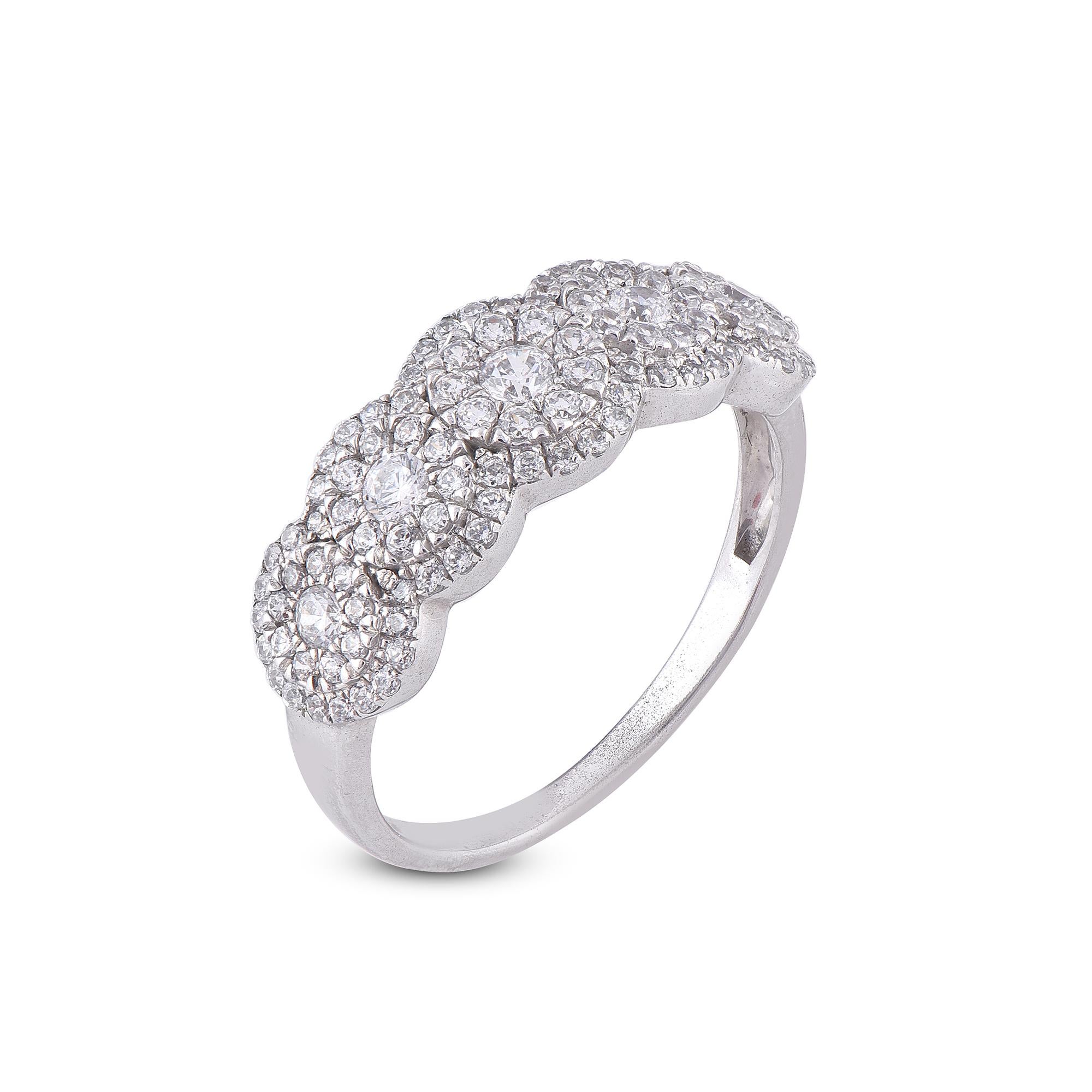 This ring shimmers beautifully with 110 round natural diamonds sets in prong setting. This cluster design ring fashioned in solid 14 kt white gold and H-I color I2 clarity
