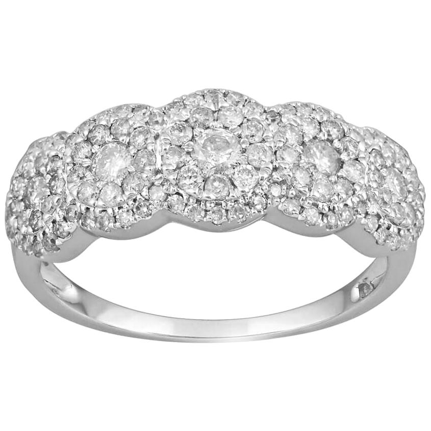 TJD 3/4 Carat Round Diamond 14 Karat White Gold Five Stone Cluster Wedding Band For Sale