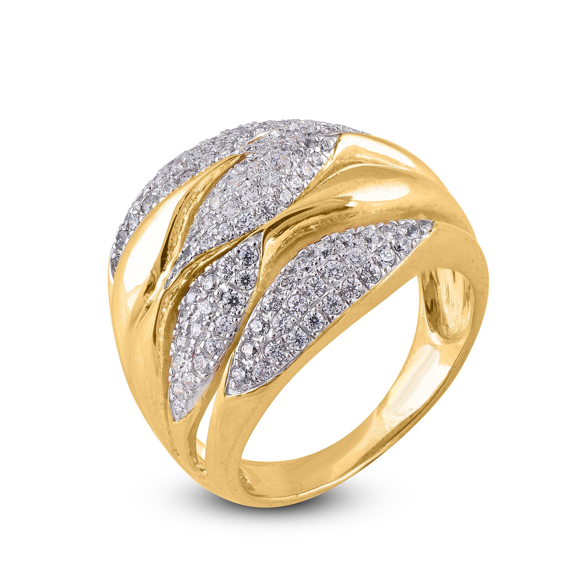 Designed with romance in mind, this diamond wide wedding band increases the sparkle factor. The ring is crafted from 14 karat gold in your choice of white, rose, or yellow, and features Round 116 diamonds, Pave set, H-I color I2 clarity and a high