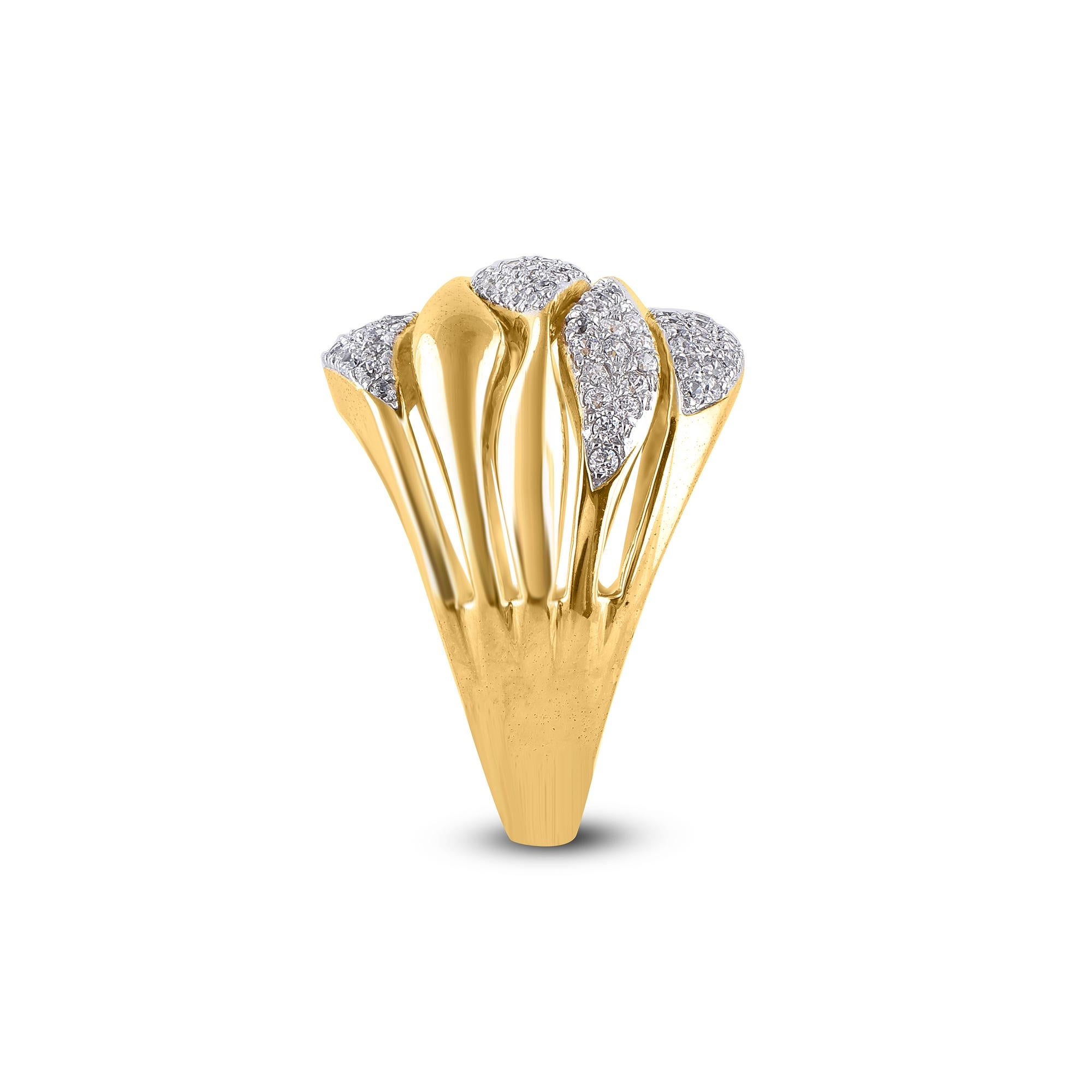 Round Cut TJD 3/4 Carat Round Diamond 14 Karat Yellow Gold Designer Wave Wide Wedding Band For Sale