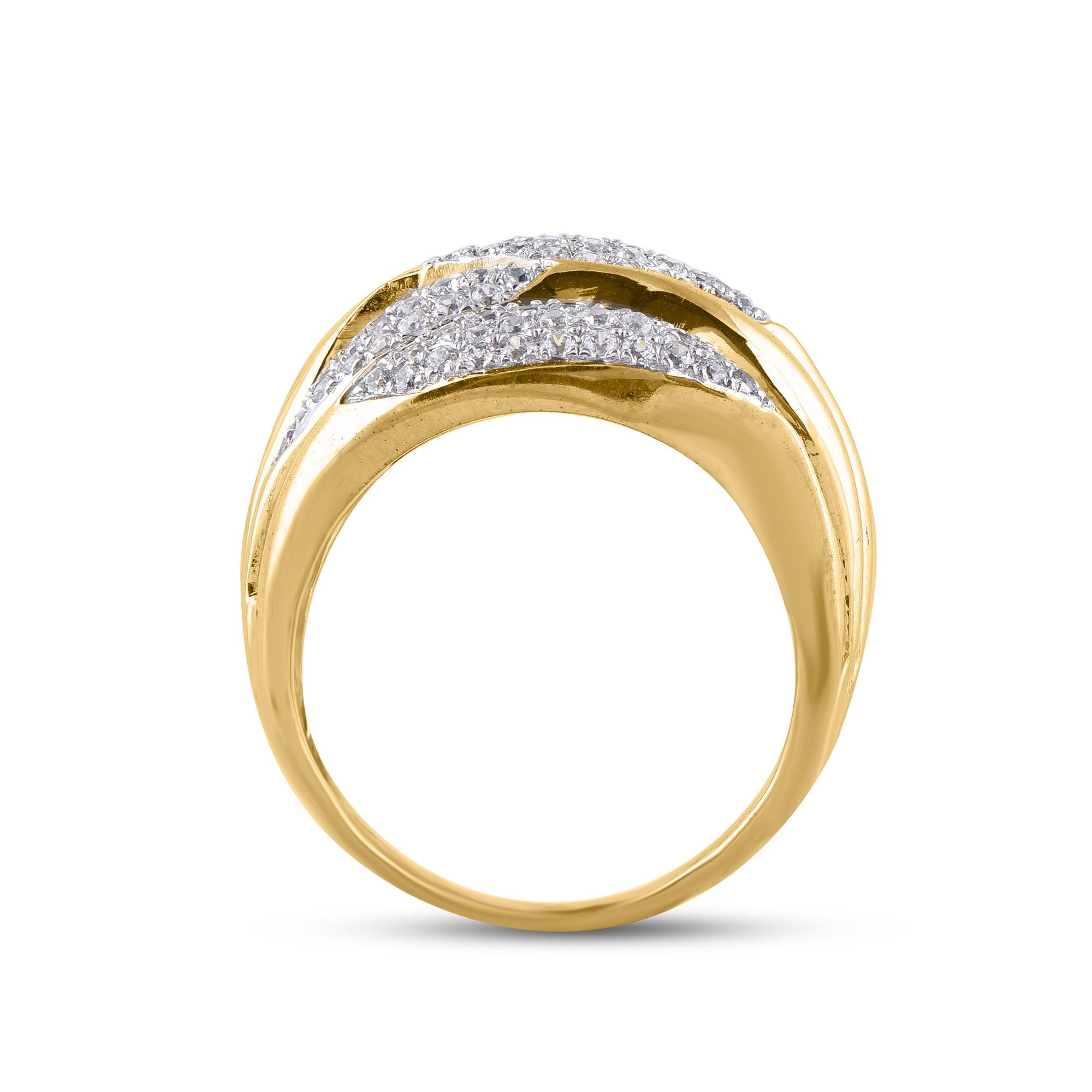 TJD 3/4 Carat Round Diamond 14 Karat Yellow Gold Designer Wave Wide Wedding Band In New Condition For Sale In New York, NY
