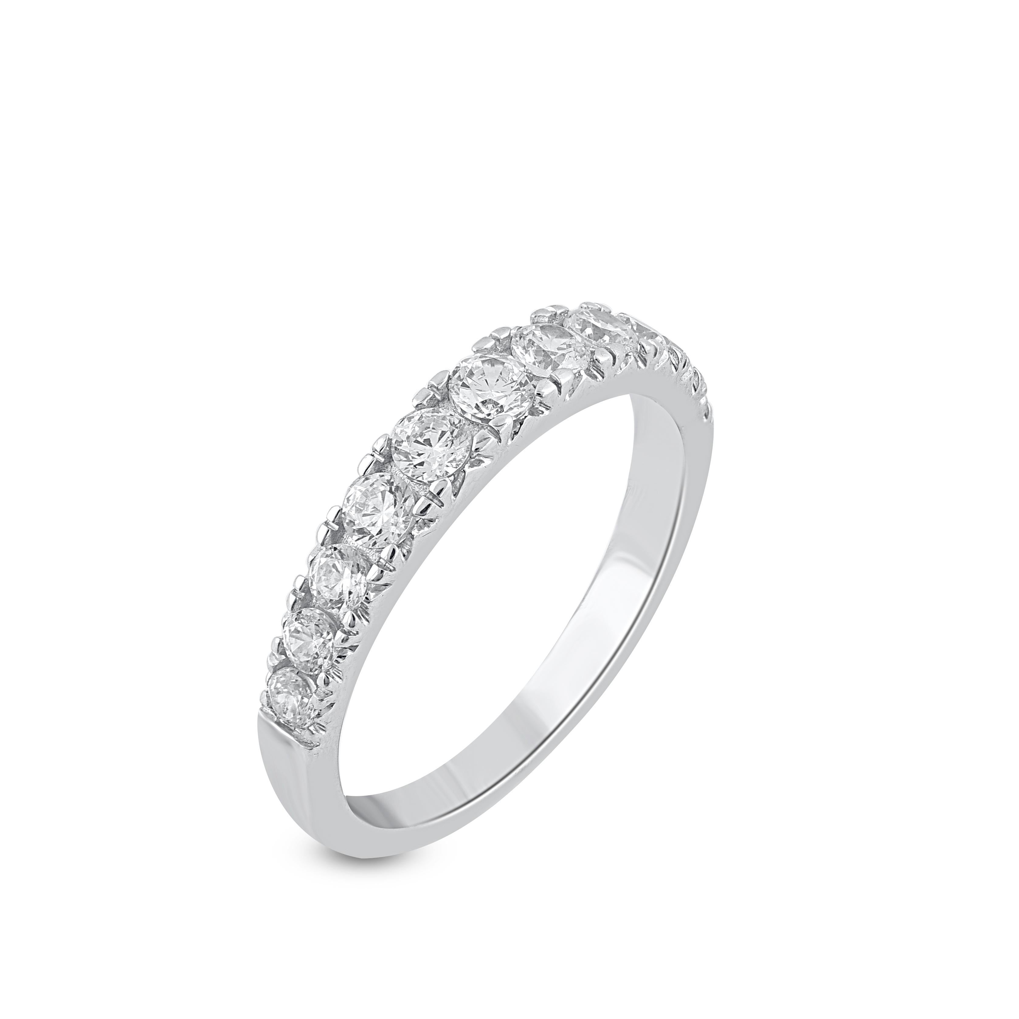 Art déco Alliance de fiançailles empilable en or blanc 14 carats avec diamants ronds de 3/4 carat TJD en vente