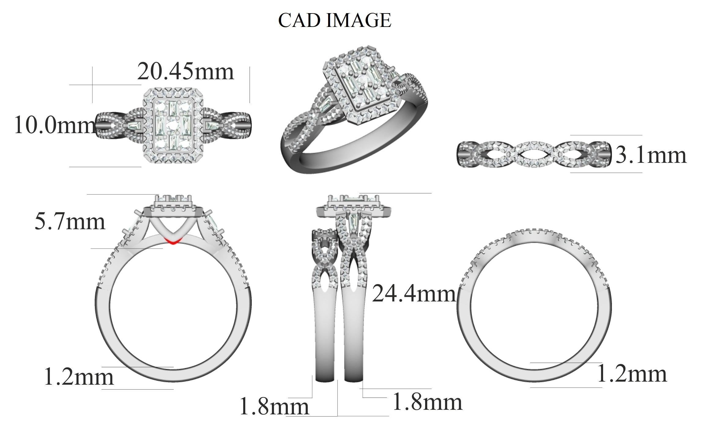 An elegant twist on tradition, this unique bridal set will win her heart. The ring is crafted from 14-karat white gold and features Round Brilliant 131 and Baguette - 6 white diamonds, Micro Prong, & Prong set, H-I color I2 clarity and a high polish