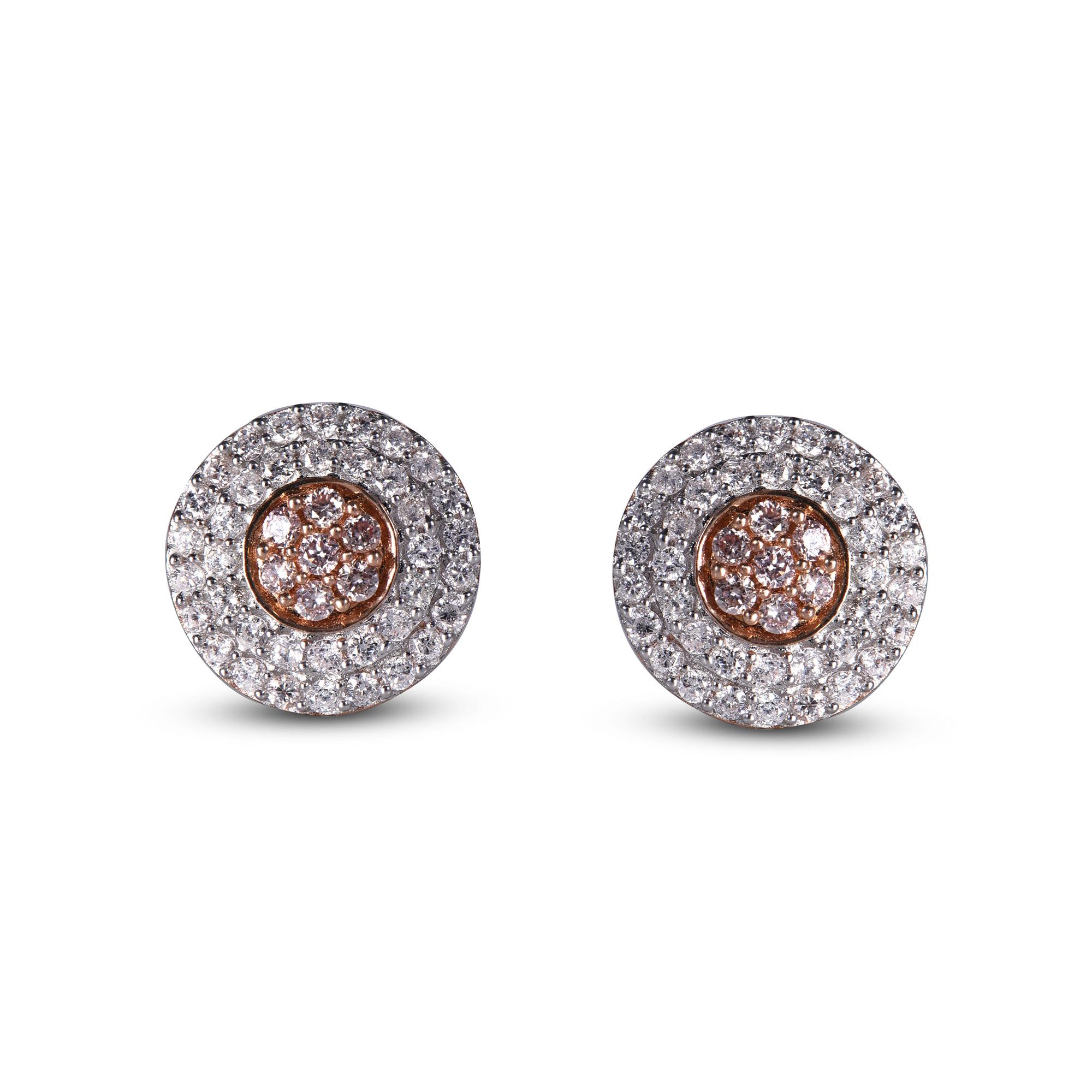 18 Karat Rose Gold double diamond frame Stud Earrings With 76 Round Brilliant and 14 Pink Diamonds timeless Cluster design Stud earrings have 0.75 Carats of Round Brilliant and pink diamond set in pave and prong setting, H-I color I1 clarity. These
