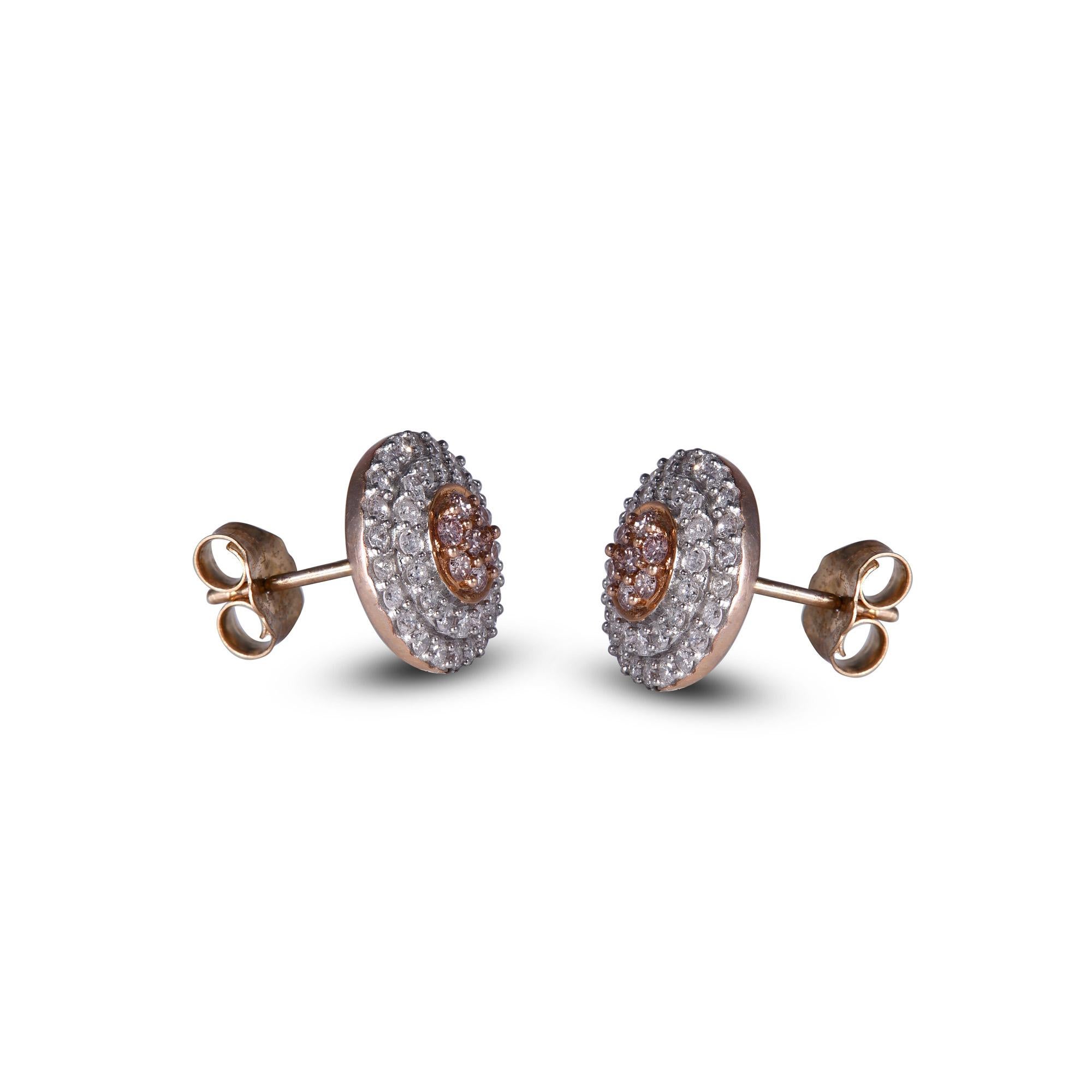 Round Cut TJD 3/4Ct Nat. Pink Rosé & White Diamond 18K Rose Gold Halo Cluster Stud Earring For Sale