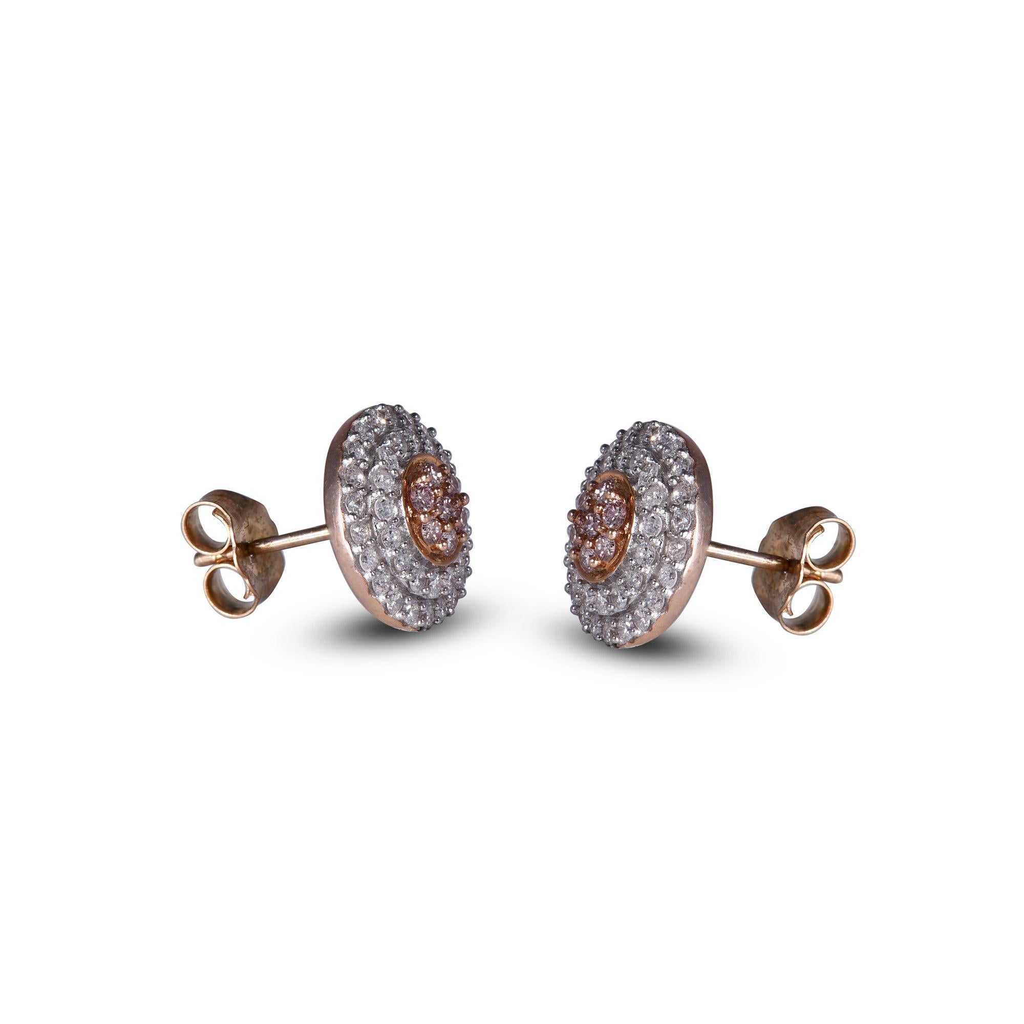 Art Deco TJD 3/4Ct Nat. Pink Rosé & White Diamond 18K Rose Gold Halo Cluster Stud Earring For Sale