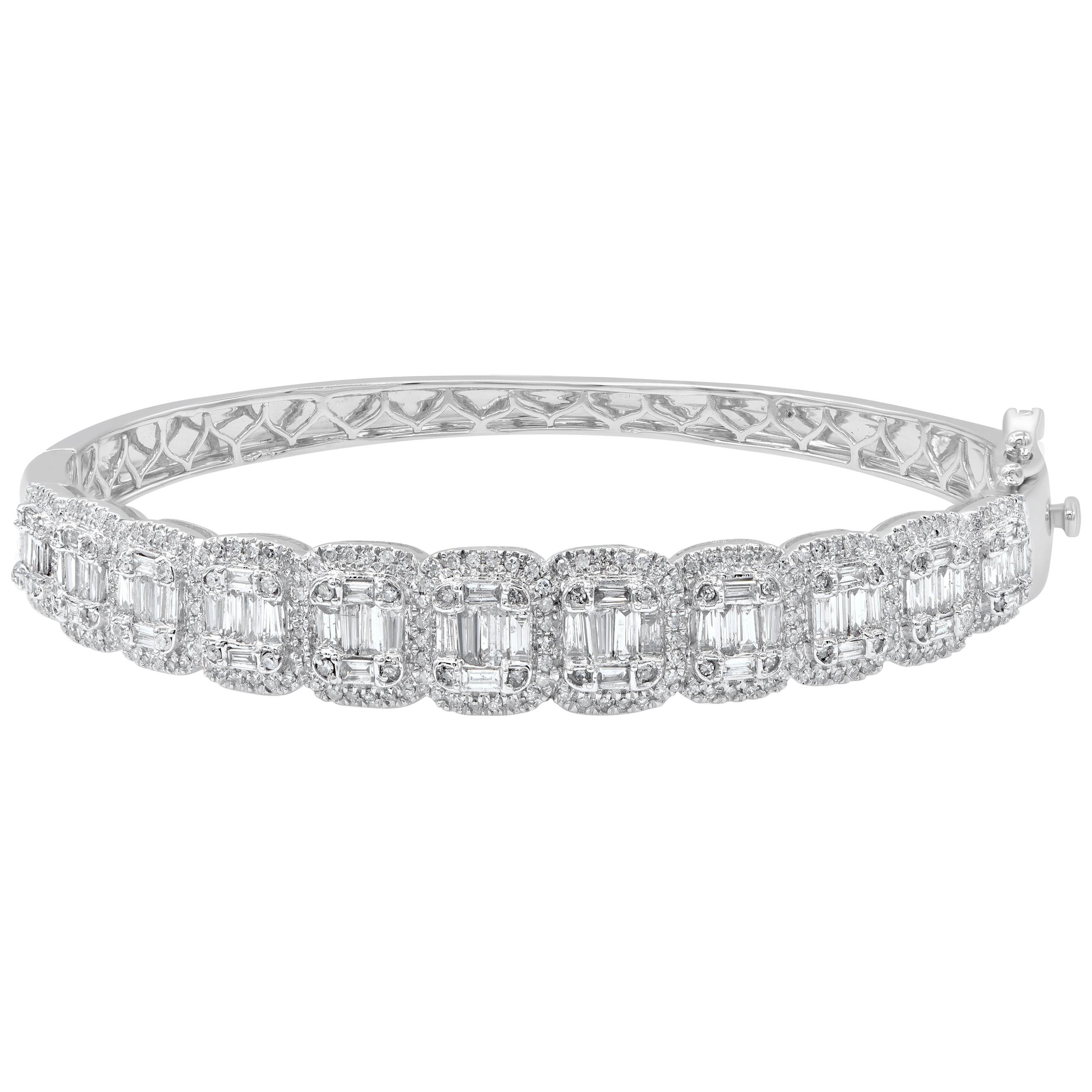 TJD 3.00 Carat Round and Baguette Diamond 14 K White Gold Cushion Shape Bangle For Sale