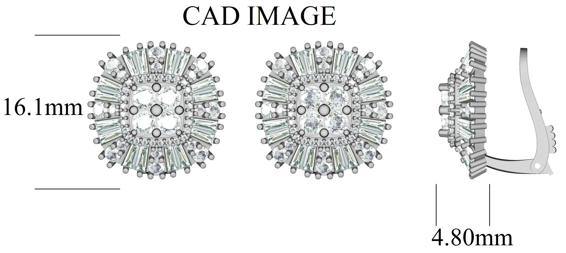 TJD Orecchini con diamante rotondo e baguette in oro bianco 14K a forma di cuscino da 3 CT In condizioni Nuovo in vendita a New York, NY