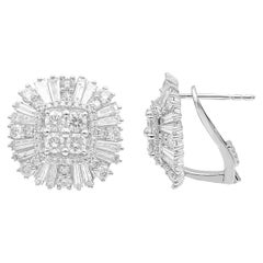 TJD 3 CT Round and Baguette Diamond 14K White Gold Cushion Shape Stud Earrings