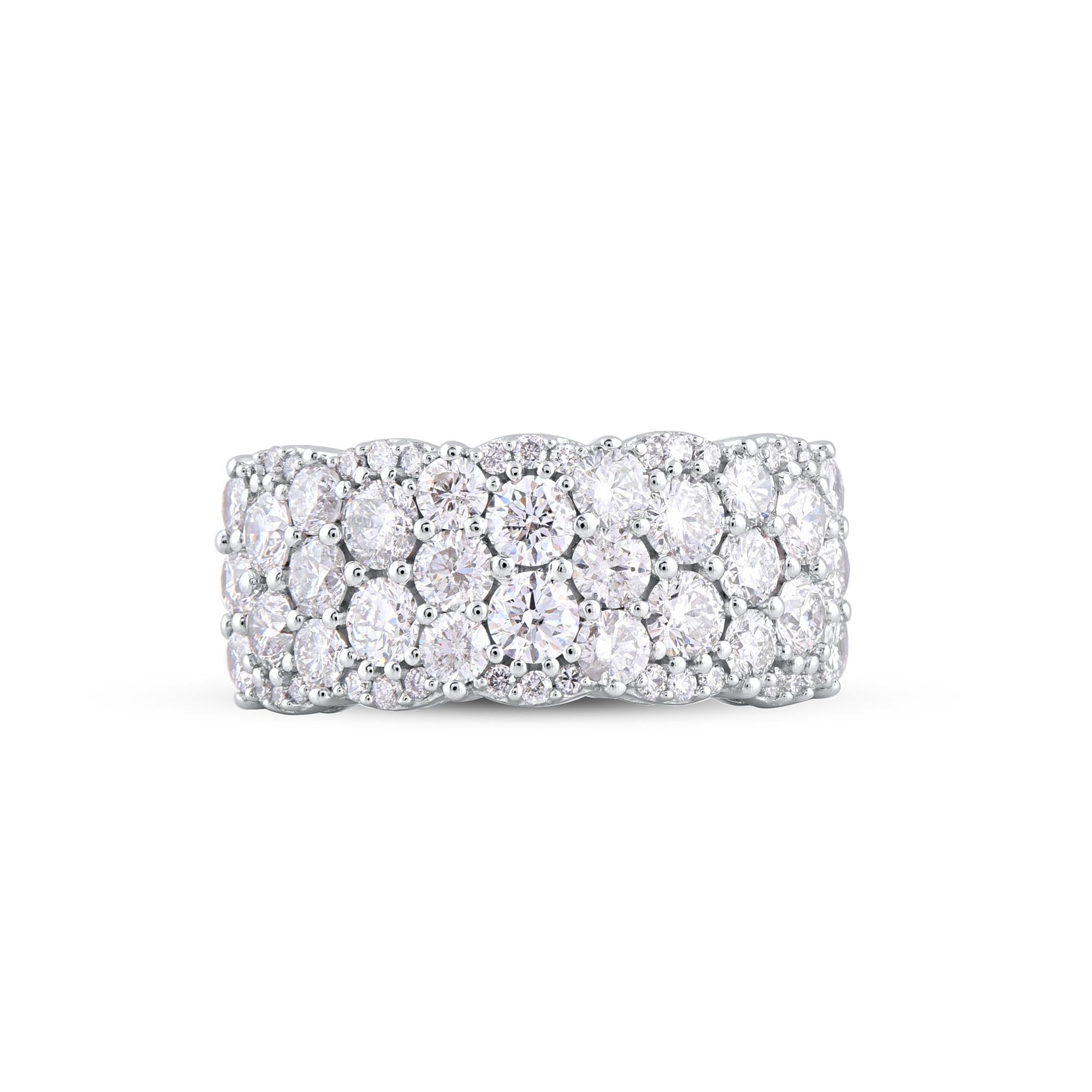 Make your most special and precious day shine with this wedding band ring. Beautifully crafted by our inhouse experts in 14 karat white gold and embellished with 58 brilliant cut round diamond set in prong setting. Total diamond weight is 3.0 carat.