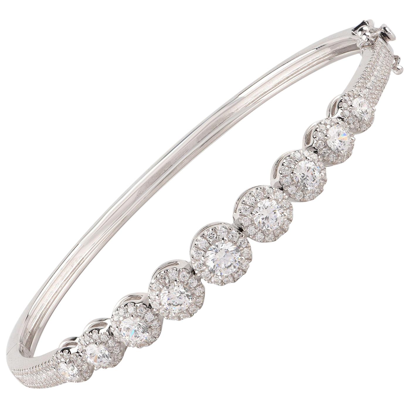 TJD 3.0 Carat Graduating Diamond 18 Karat White Gold Halo Designer Bangle