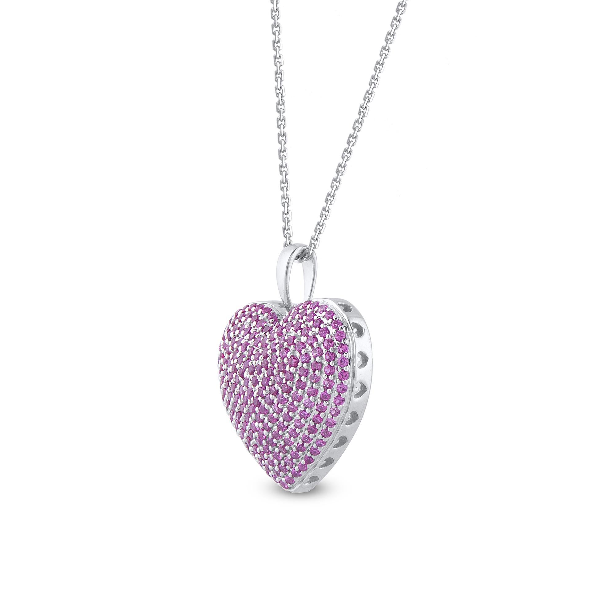 Bring charm to your look with this gemstone heart pendant. The pendant is crafted from 14 karat white gold and features 201 round pink sapphire set in prong setting and a high polish finish complete the brilliant sophistication of this head-turning