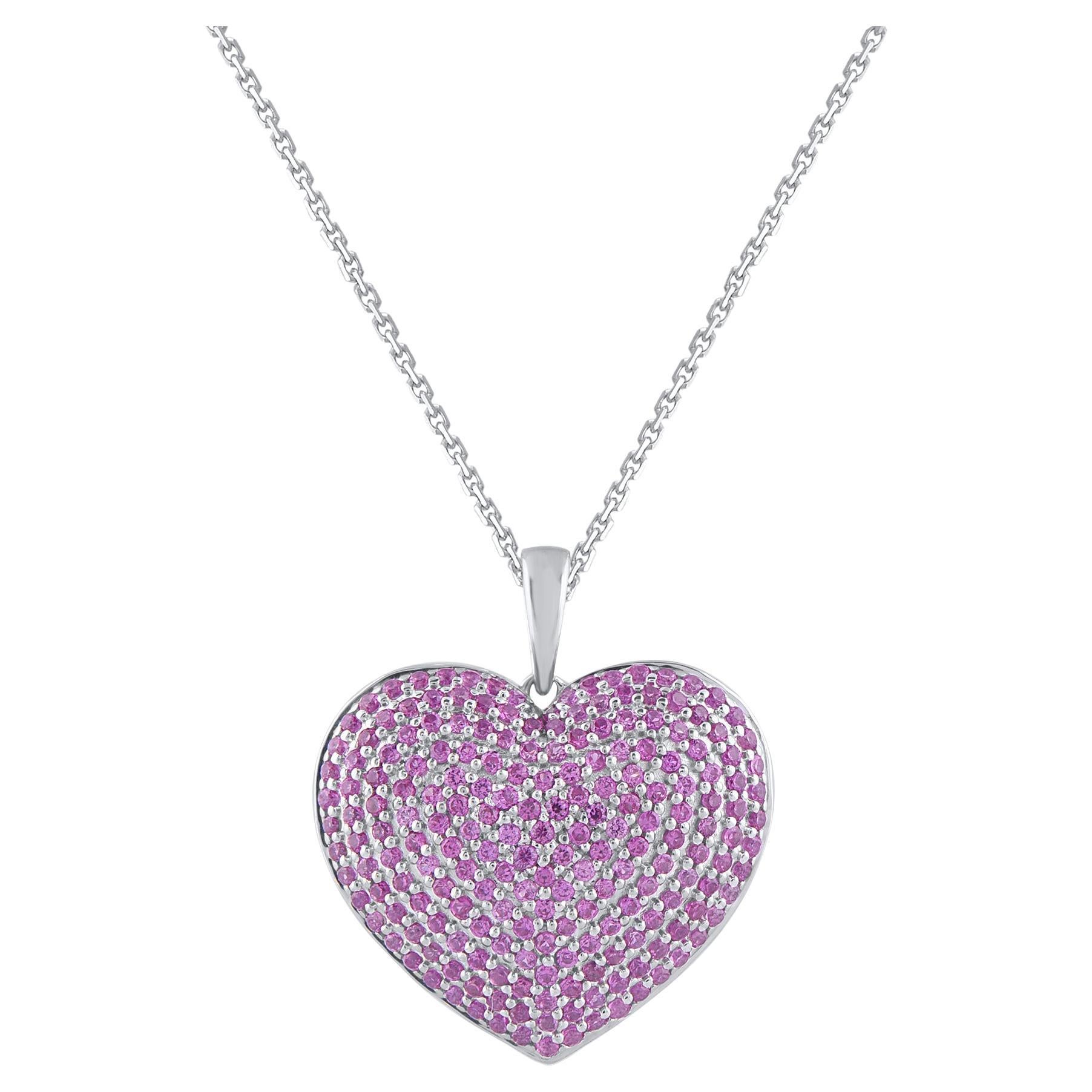 TJD 3.0 Carat Natural Pink Sapphire 14 Karat White Gold Heart Pendant Necklace For Sale