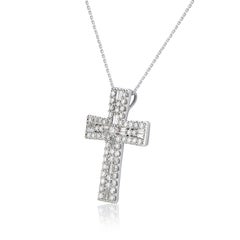 TJD 3.0 Carat Natural Round and Baguette Diamond 14KT White Gold Cross Pendant