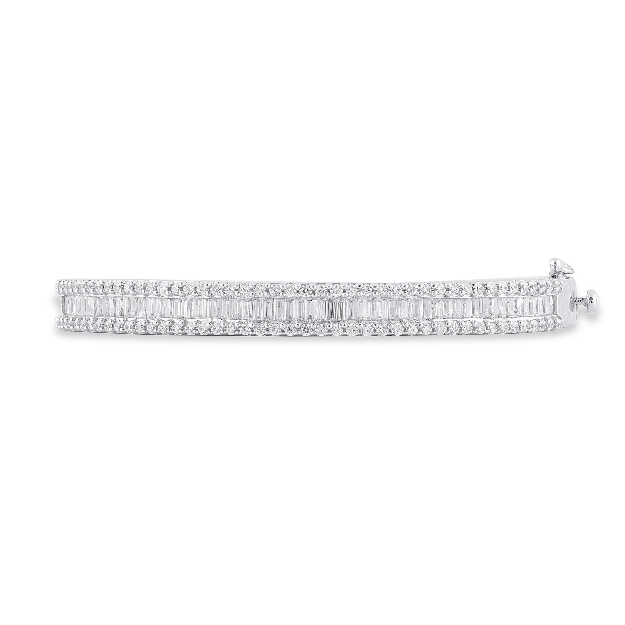 Art Deco TJD 3.0 Carat Round and Baguette Diamond 18K White Gold Designer Diamond Bangle For Sale