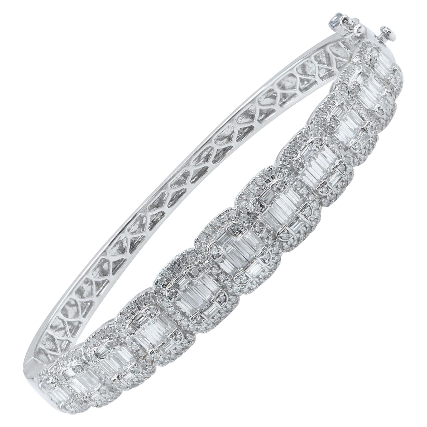 TJD 3.0 Carat Round and Baguette Diamond 18KT White Gold Cushion Shape Bangle