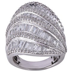 TJD 3.0 Carat Round & Baguette Diamond 14K White Gold Wave Style Fashion Band