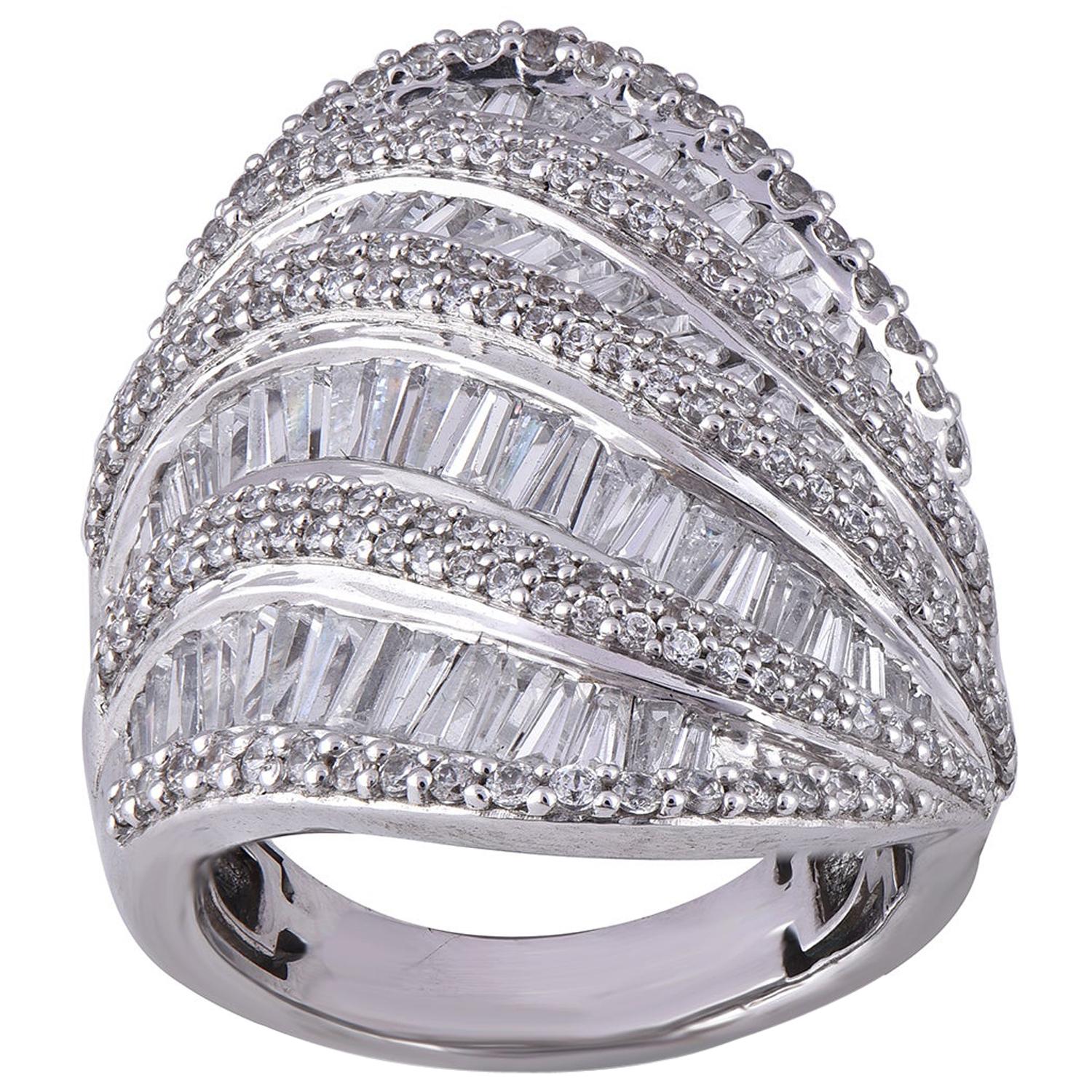 TJD 3.0 Carat Round 
Baguette Diamond 14K White Gold Wave Style Fashion Band
