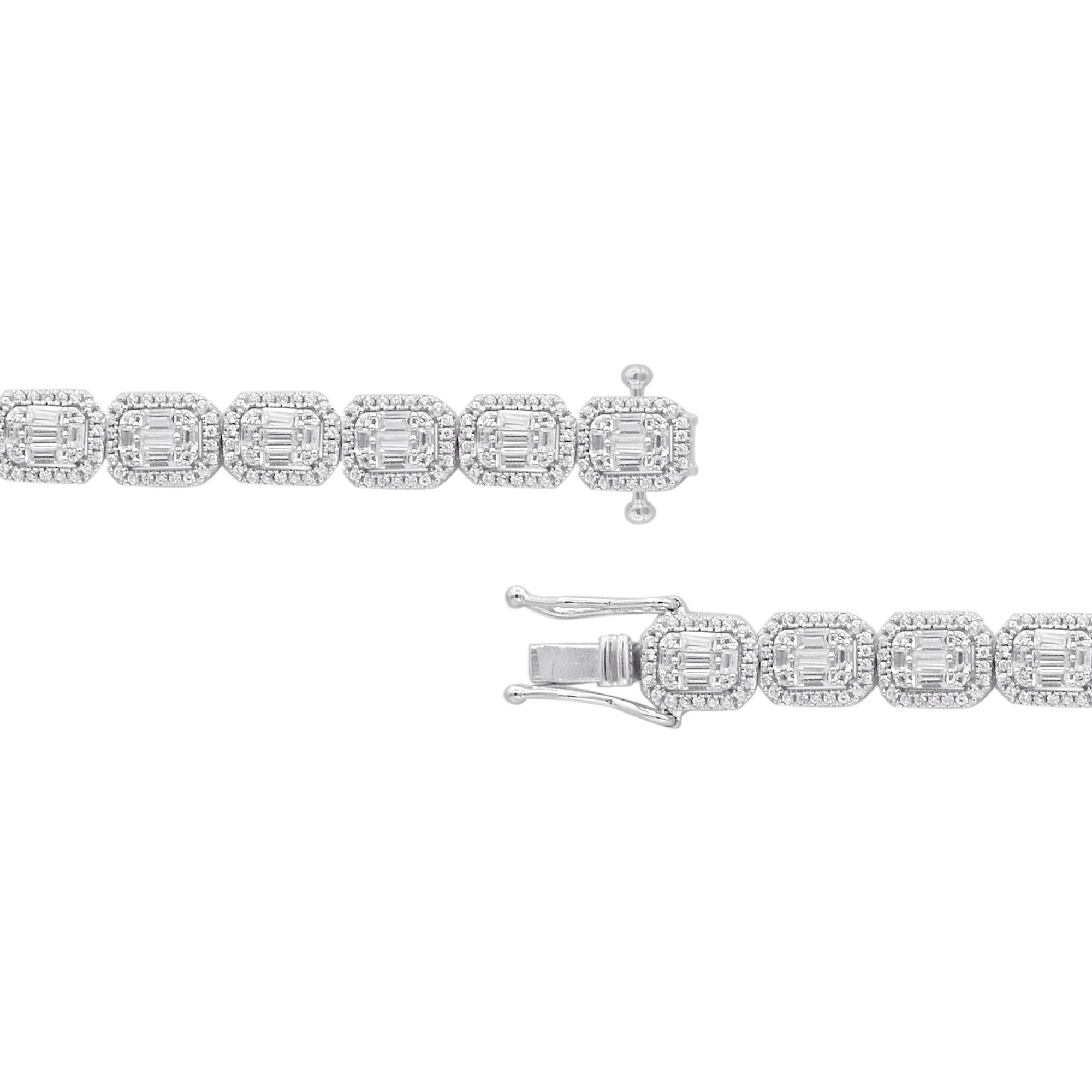 Modern TJD 3.0 Carat Round & Baguette Diamond 14KT White Gold Halo Wedding Bracelet For Sale