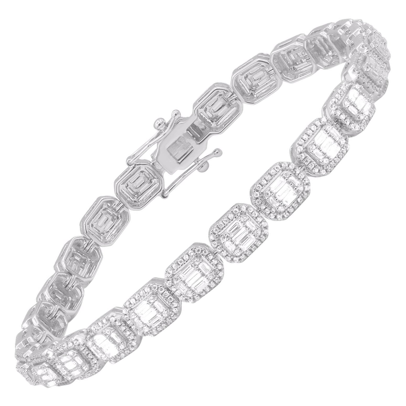 TJD 3.0 Carat Round 
Baguette Diamond 14KT White Gold Halo Wedding Bracelet