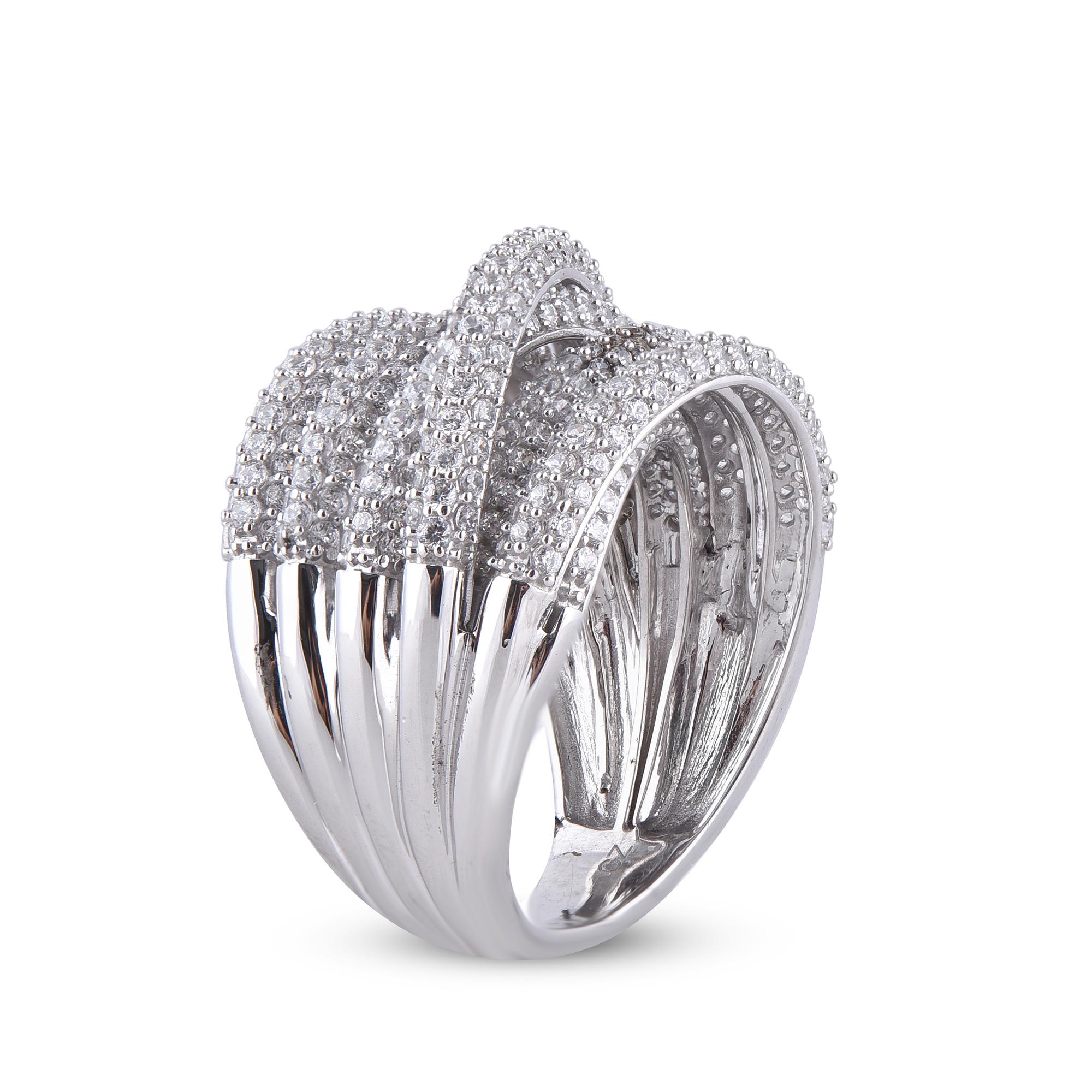 Give a touch of glamour to your fine jewelry collection with this diamond crossover engagement ring. It features a beautiful design that is embellished with 472 round cut diamonds set in prong setting, H-I color I2 clarity. Luxurious yet elegant,