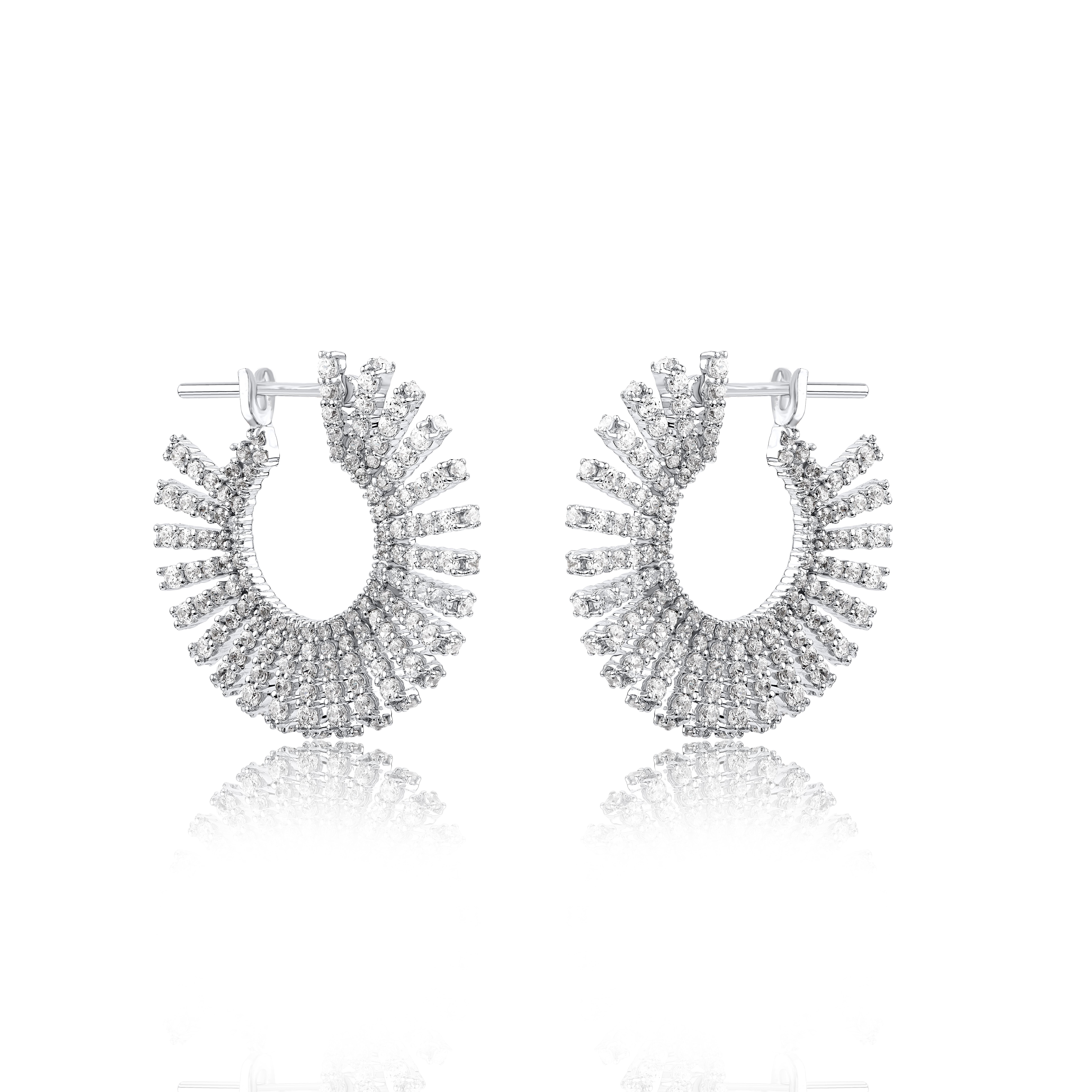 Art Deco TJD 3.0 Carat Round Diamond 14 Karat White Gold Designer Sunburst Stud Earrings For Sale