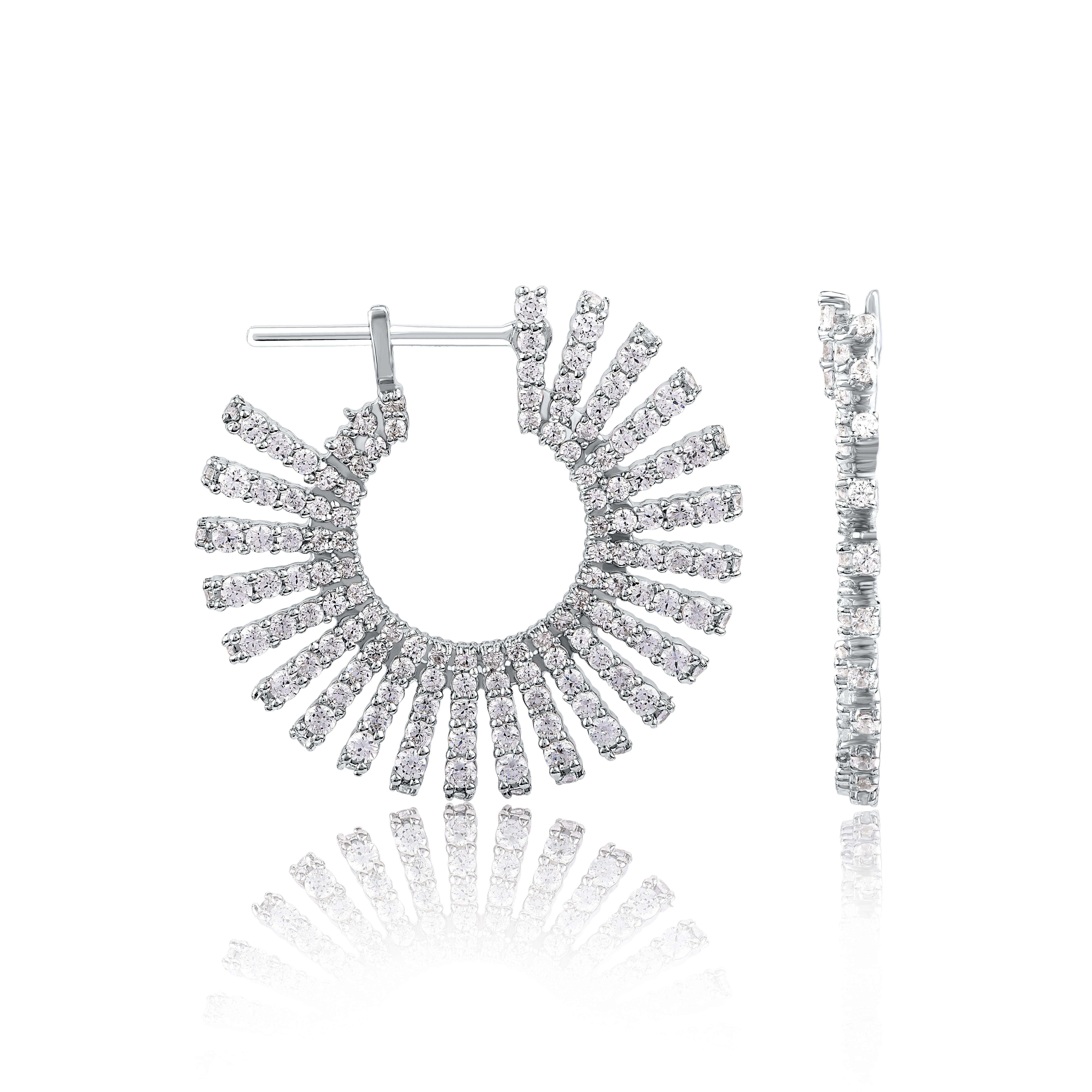 Round Cut TJD 3.0 Carat Round Diamond 14 Karat White Gold Designer Sunburst Stud Earrings For Sale