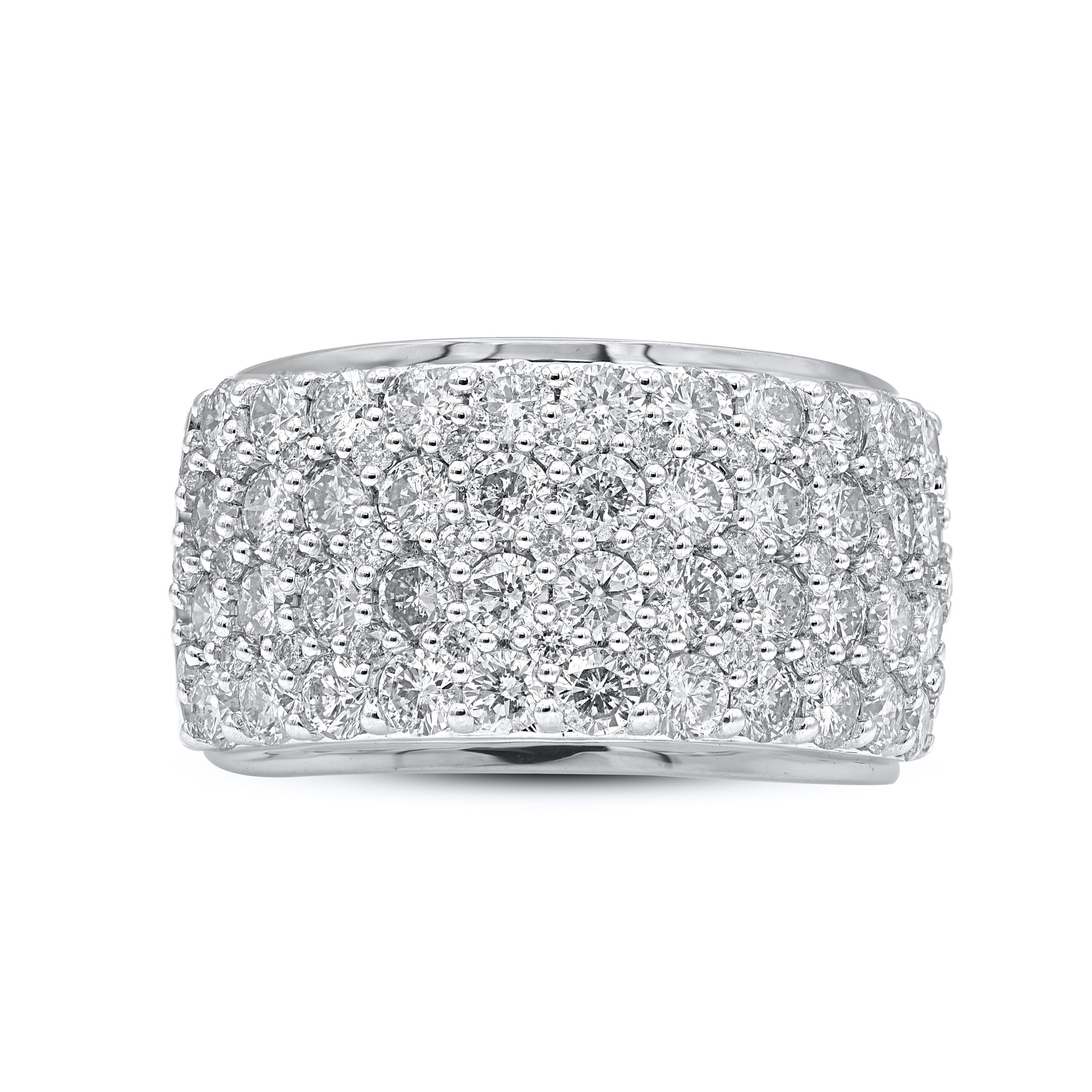 Stunning and classic, this diamond ring is beautifully crafted in 14KT Solid White gold. The fashion band features 3.00 ct of 80 round diamonds in secured prong settings. The diamonds are natural, not-treated and conflict-free with H-I color and I2