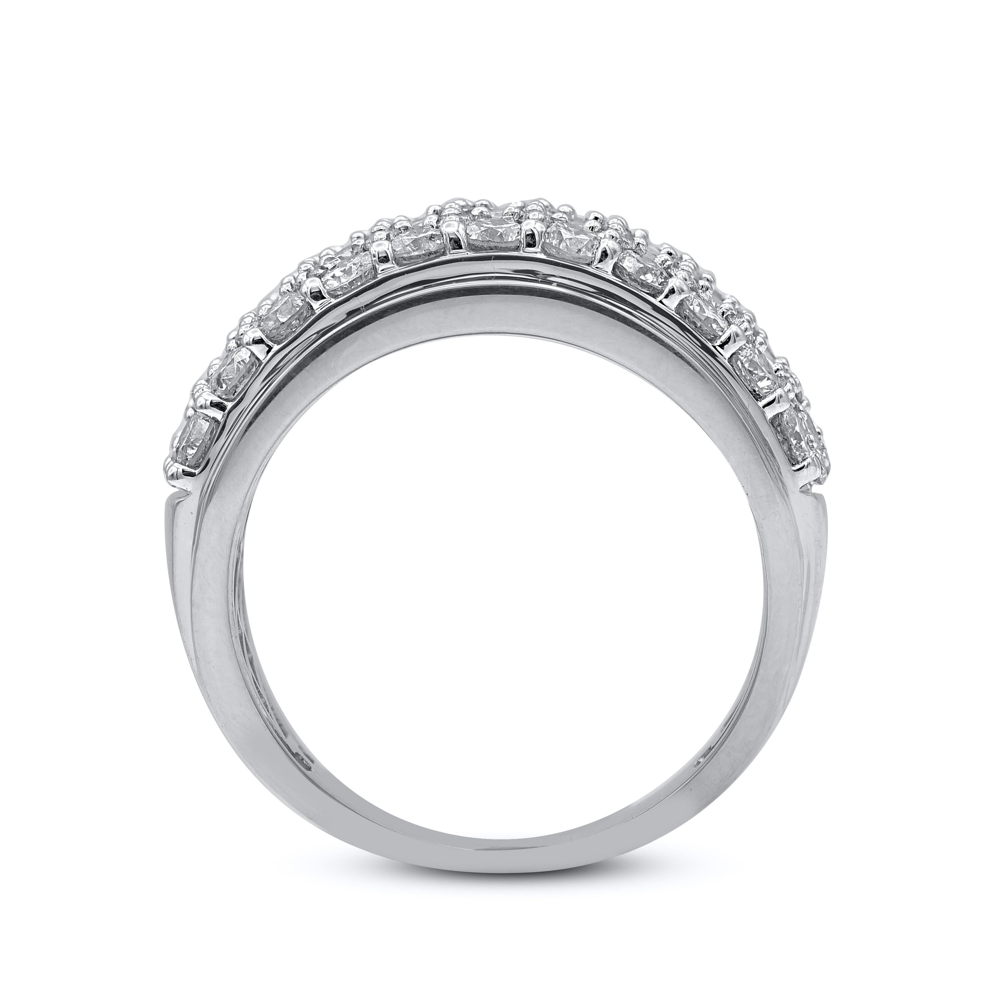 Art Deco TJD 3.0 Carat Round Diamond 14K White Gold Prong Set Multi Row Wide Fashion Band For Sale