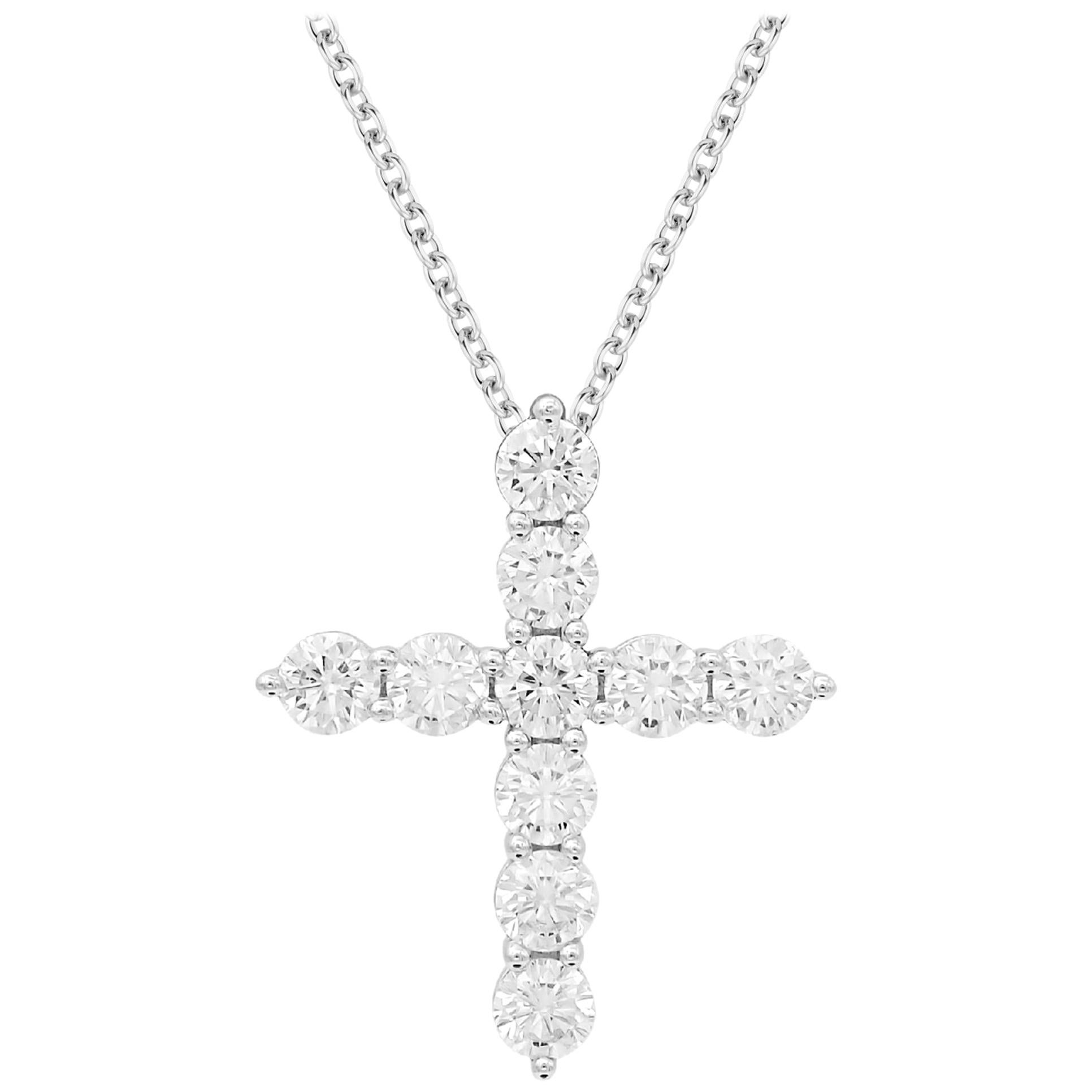TJD 3.0 Carat Round Diamond 18 Karat White Gold Classic Cross Pendant Necklace