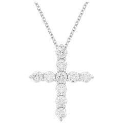 TJD 3.0 Carat Round Diamond 18 Karat White Gold Classic Cross Pendant Necklace