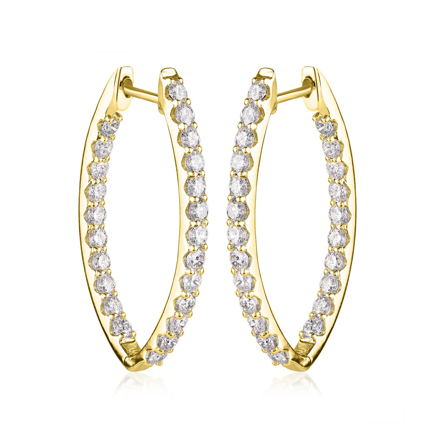 Art Deco TJD 3.0 Carat Round Diamond 18K Yellow Gold Inside-Out Hoop Huggie Earrings For Sale
