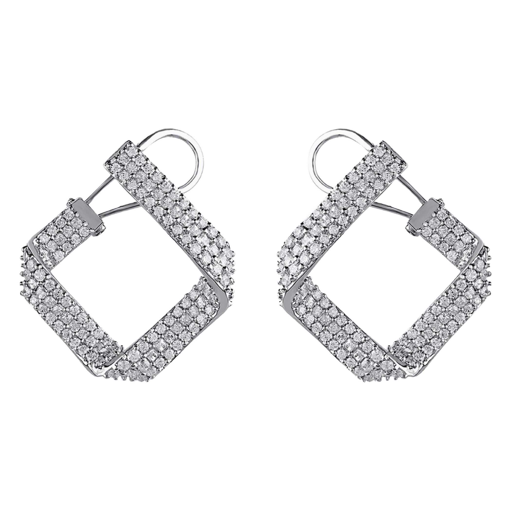 TJD 3.0 Carat Round 
Princess Diamond 18 K White Gold Square Designer Earrings For Sale
