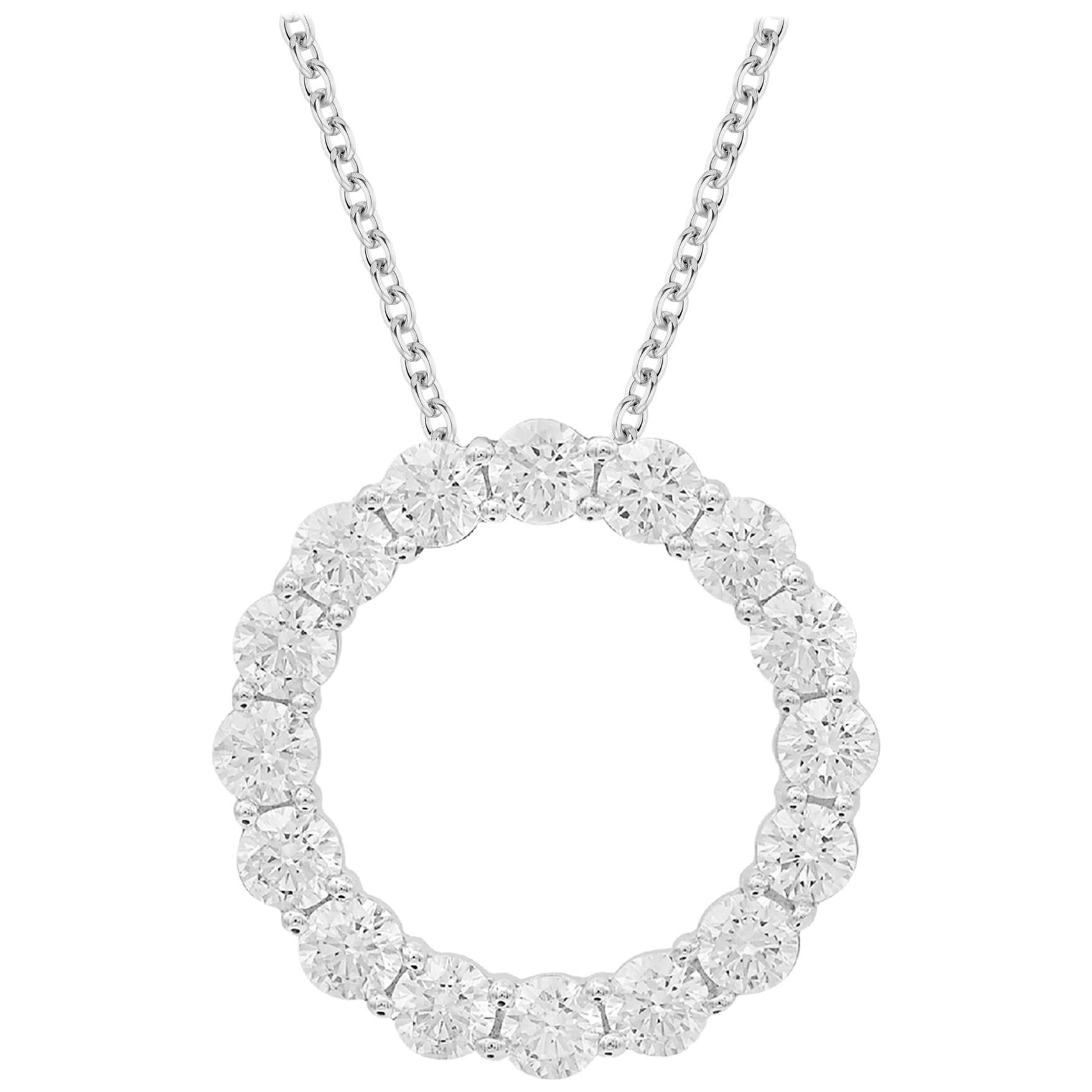 TJD 3.00 Carat Round Diamond 18K White Gold Classic Open Circle Diamond Pendant For Sale