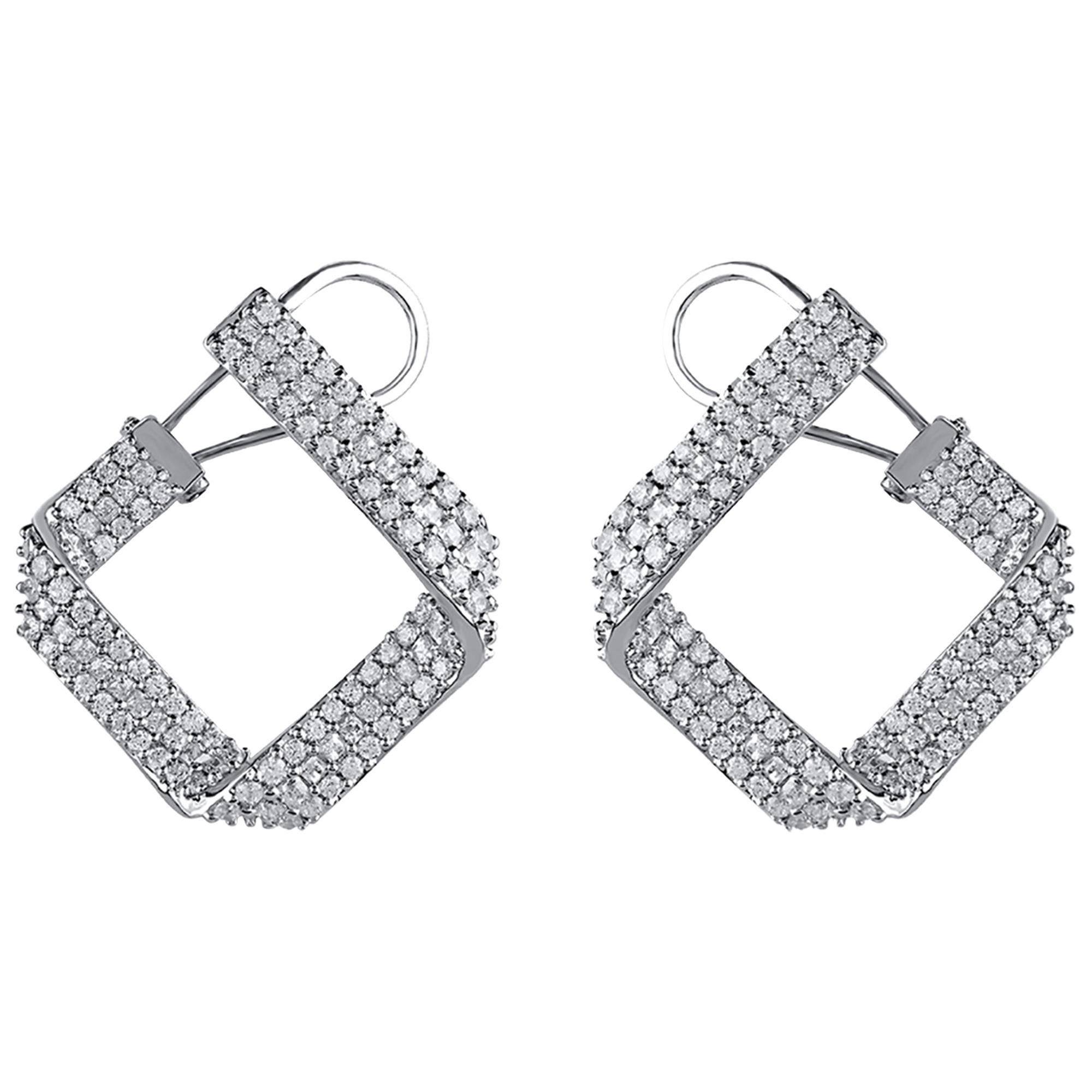 TJD 3 Carat Round & Princess Diamond 18 K White Gold Square Designer Earrings  For Sale