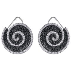 TJD 3.00 Carat White and Black Diamond 14K White Gold Spiral Designer Earrings