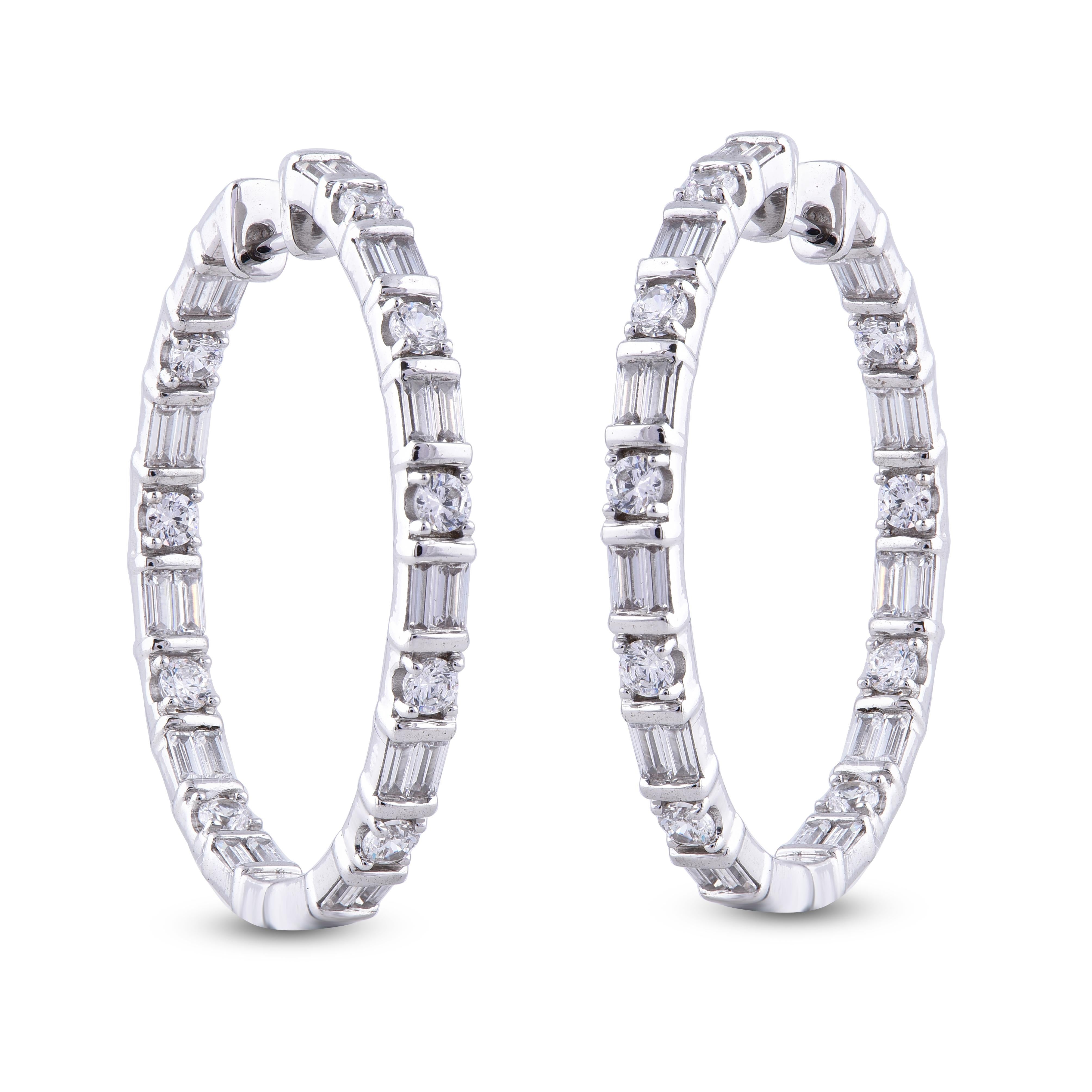 Round Cut TJD 3.00 Carat Round 14 Karat White Gold Designer Diamond Hoop Earrings For Sale
