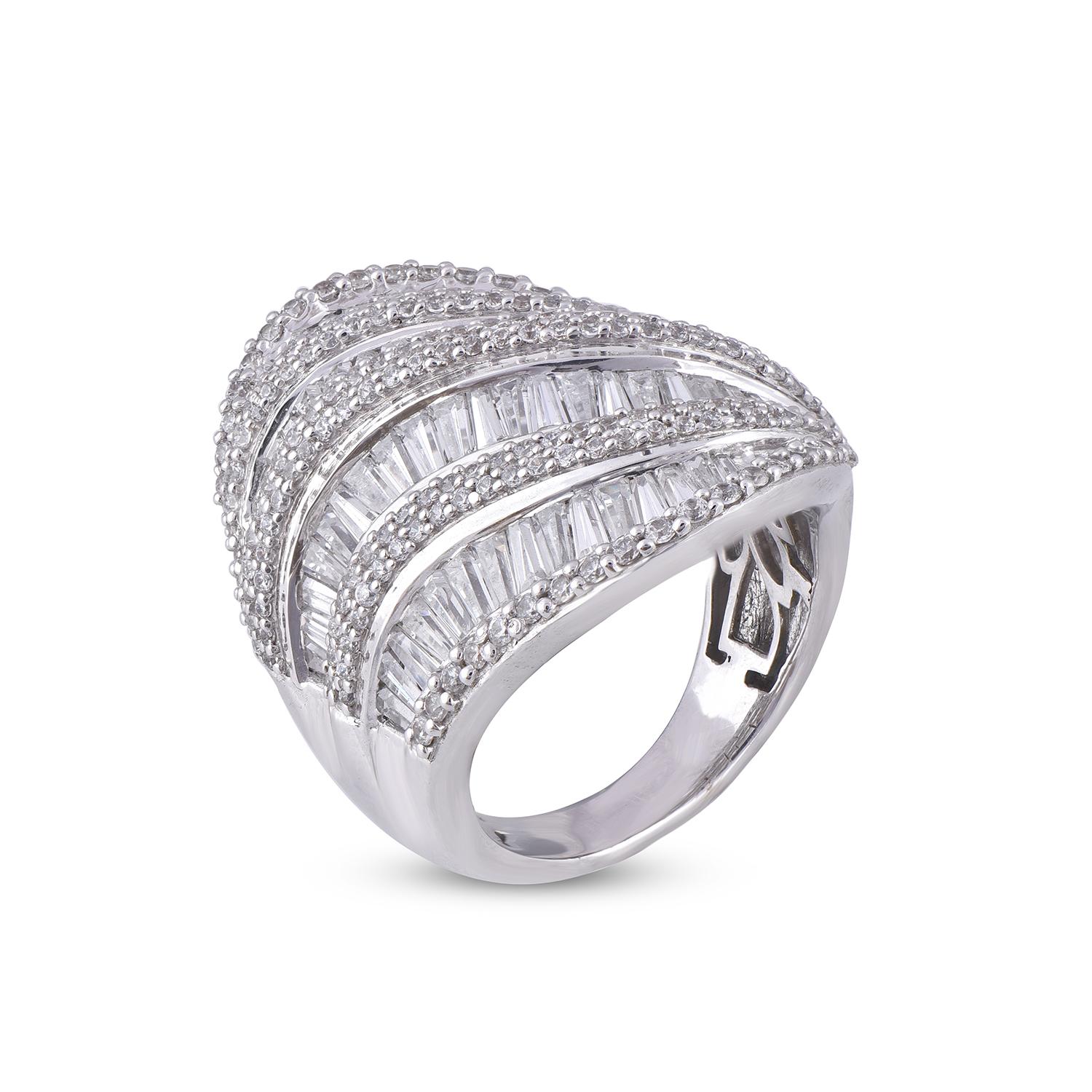 This wave engagement Ring is expertly crafted in 14 Karat white gold and features 3.00 ct of 202 round and 82 baguette cut diamond set in pave, prong & channel settings. The diamonds are natural, not-treated and conflict-free with H-I color and I2