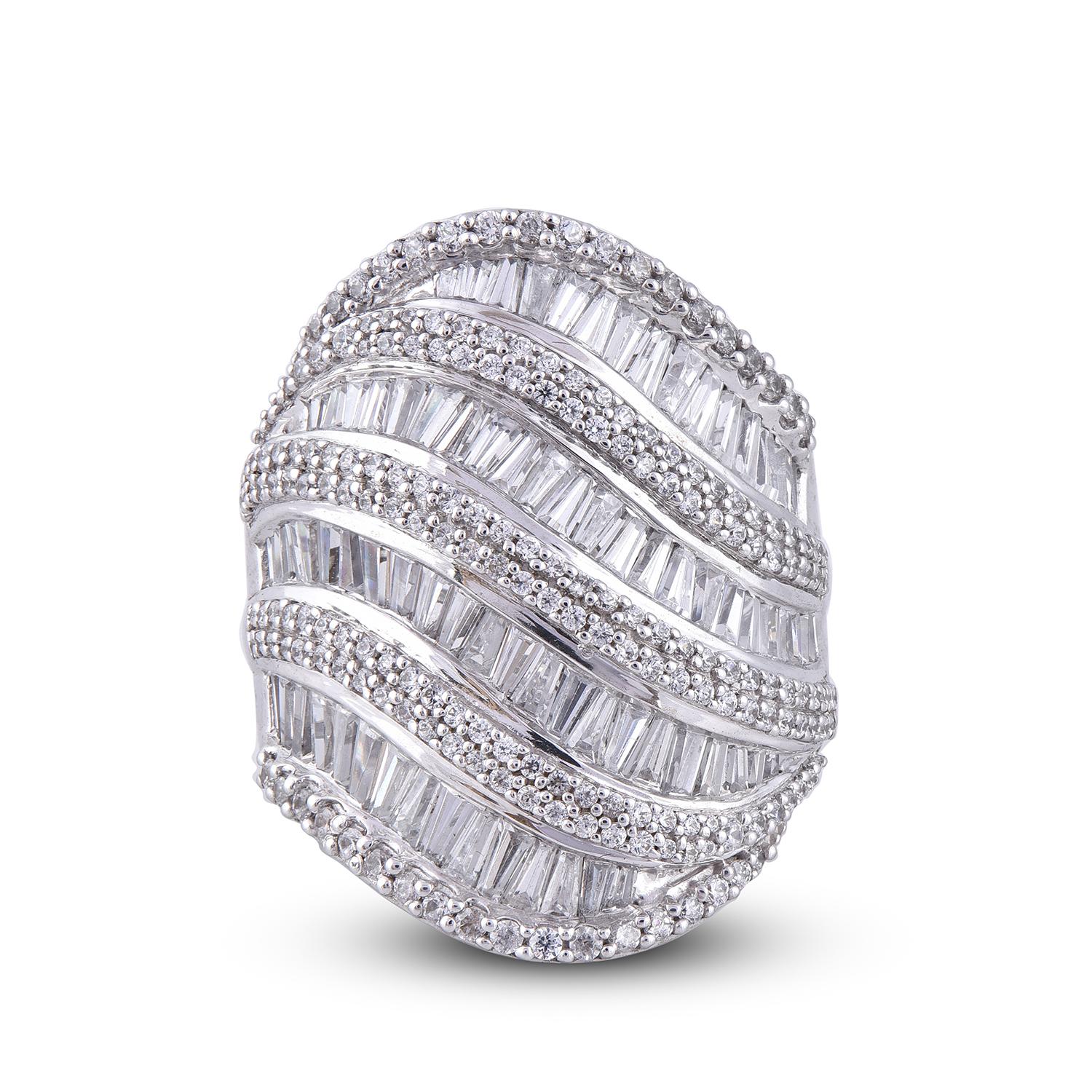 Baguette Cut TJD 3.00 Carat Round & Baguette Diamond 14K White Gold Wave Style Fashion Band For Sale