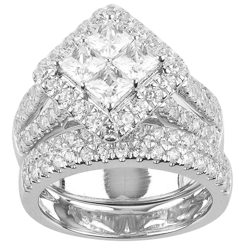 Bague de mariage en or blanc 14 carats sertie d'un diamant taille princesse et ronde de 3,00 carats TJD