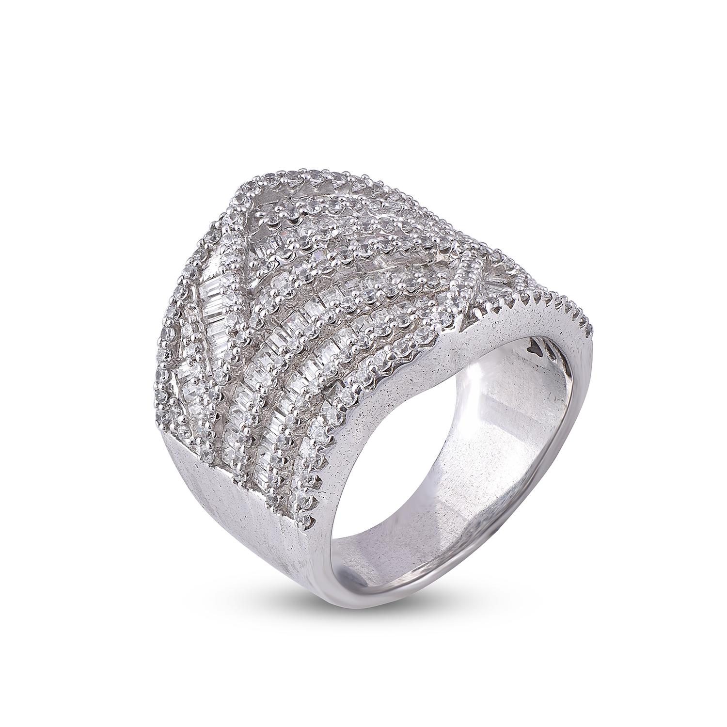 Elegantly timeless is the best way to describe this ring is studded with 151 round diamond and 110 Baguette cut diamond set in Micro prong and Channel setting and it features in 14 Karat White Gold 3.00ct total diamond weight and it shines with H-I